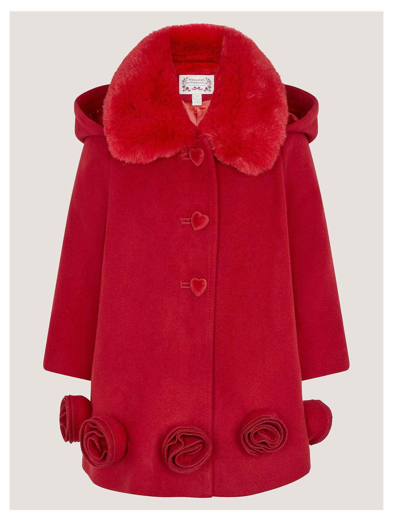 Image 1 of 3 of Monsoon Girls Faux-Fur Collar Hooded Coat - Red