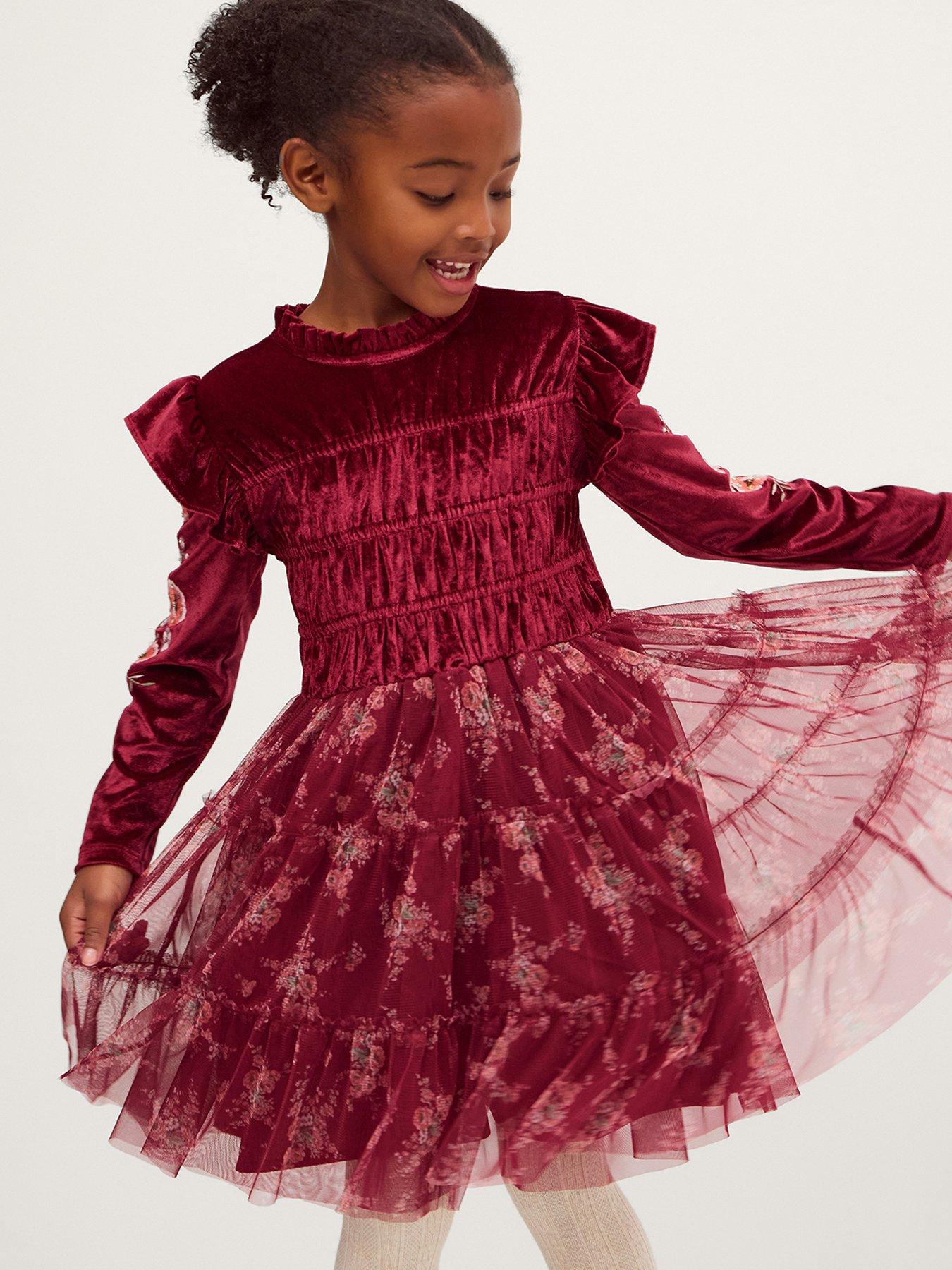 Image 1 of 4 of Monsoon Girls Velvet Shirred Tiered Disco Dress - Dark Red