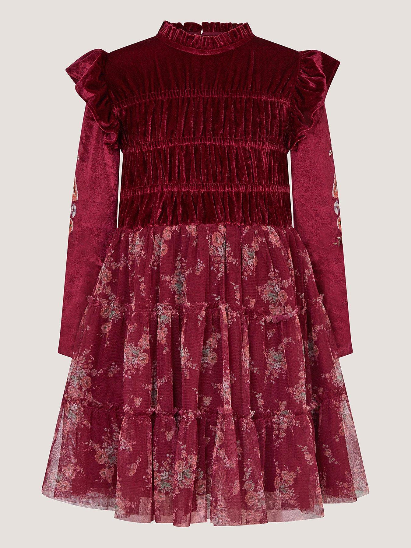 Image 2 of 4 of Monsoon Girls Velvet Shirred Tiered Disco Dress - Dark Red