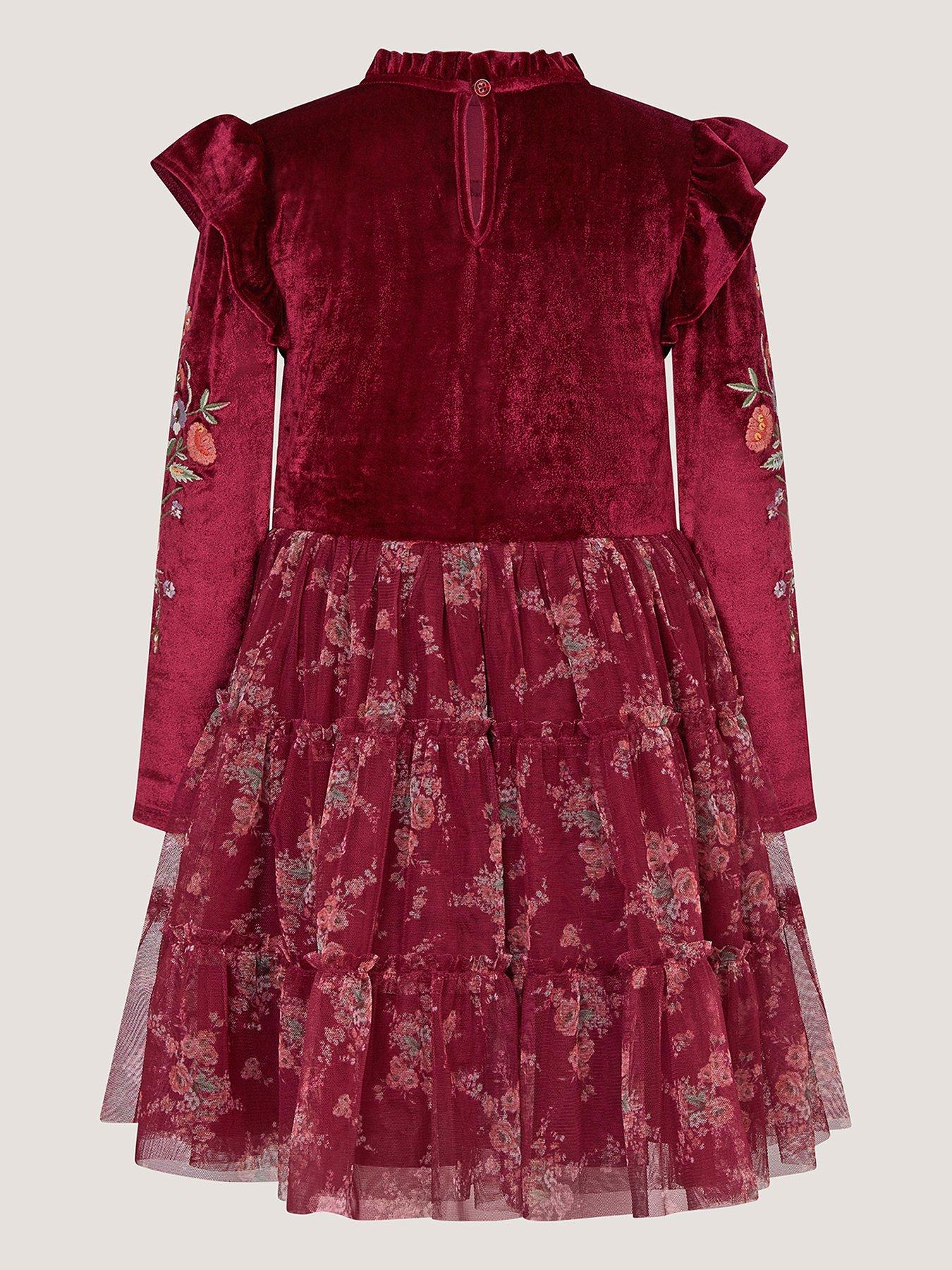 Image 3 of 4 of Monsoon Girls Velvet Shirred Tiered Disco Dress - Dark Red