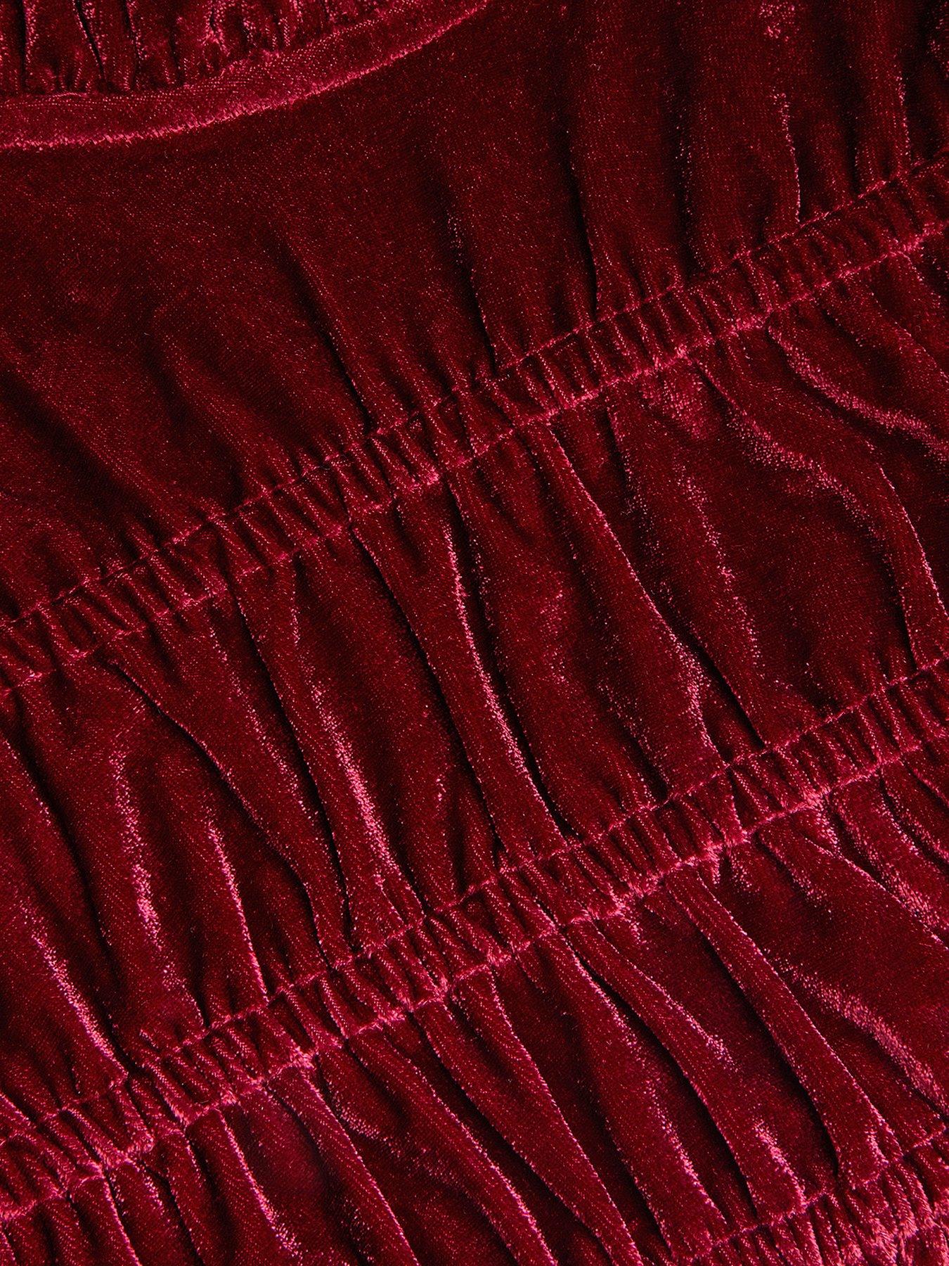 Image 4 of 4 of Monsoon Girls Velvet Shirred Tiered Disco Dress - Dark Red
