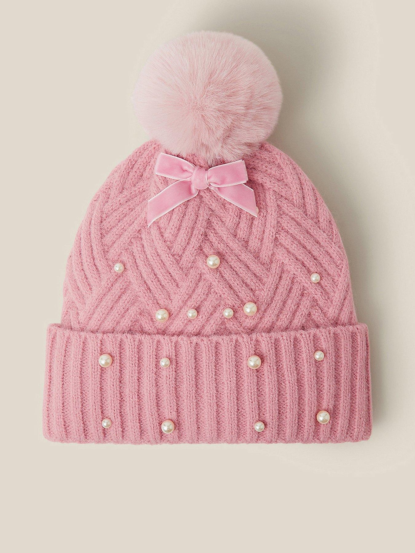 Image 1 of 3 of Monsoon Girls Pearl Pom Pom Cable Knitted Hat - Pink