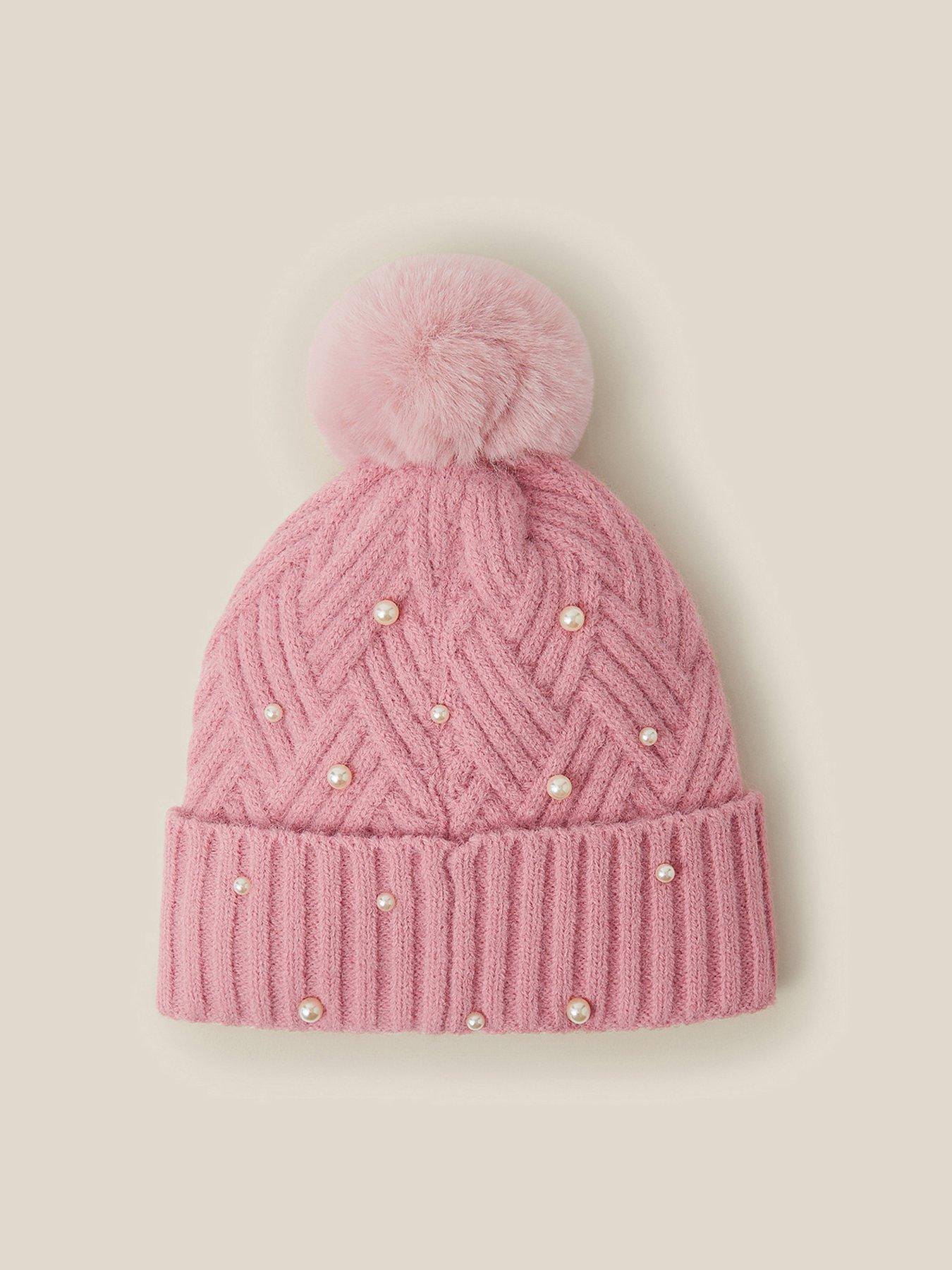 Image 2 of 3 of Monsoon Girls Pearl Pom Pom Cable Knitted Hat - Pink