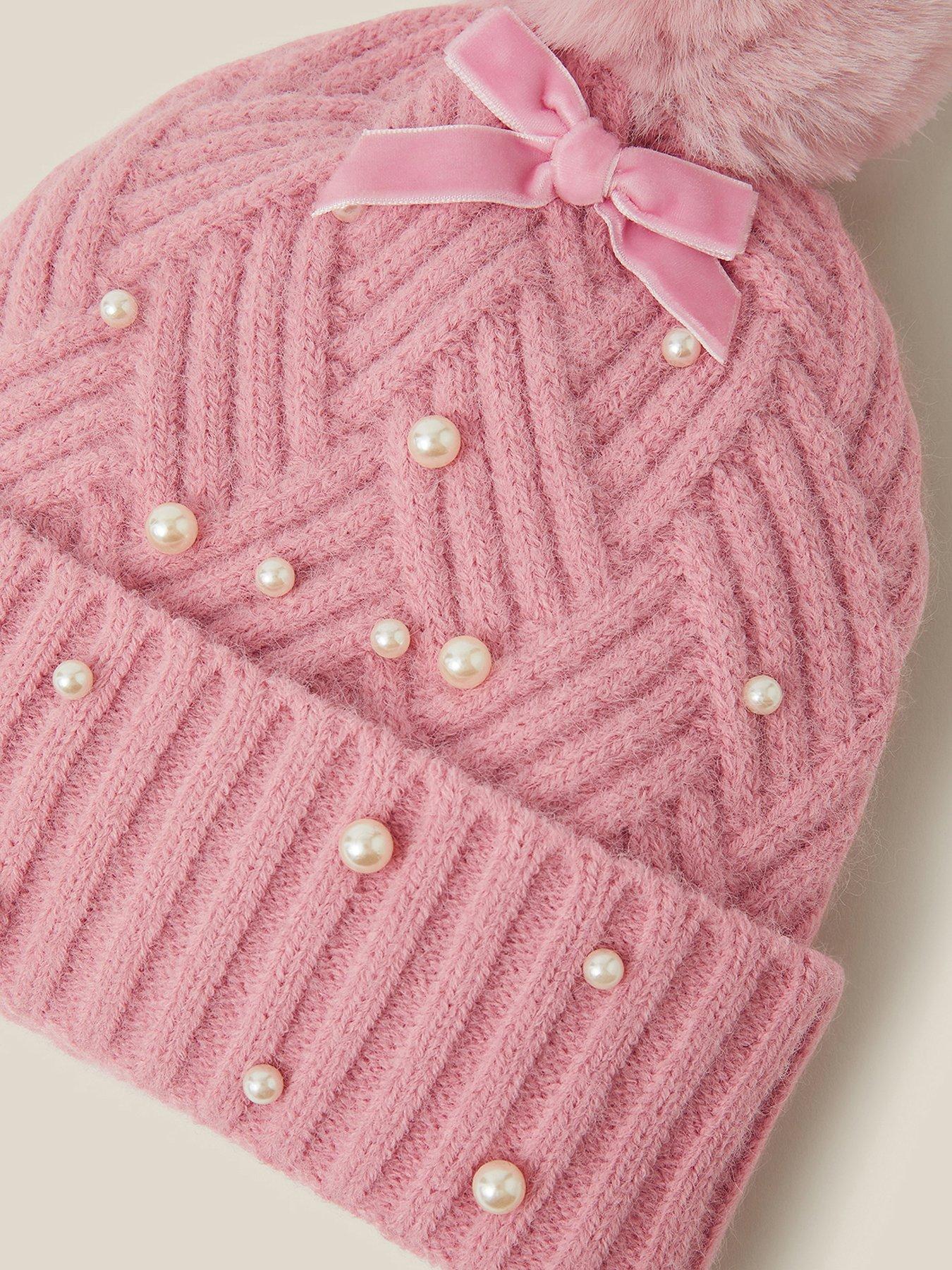 Image 3 of 3 of Monsoon Girls Pearl Pom Pom Cable Knitted Hat - Pink