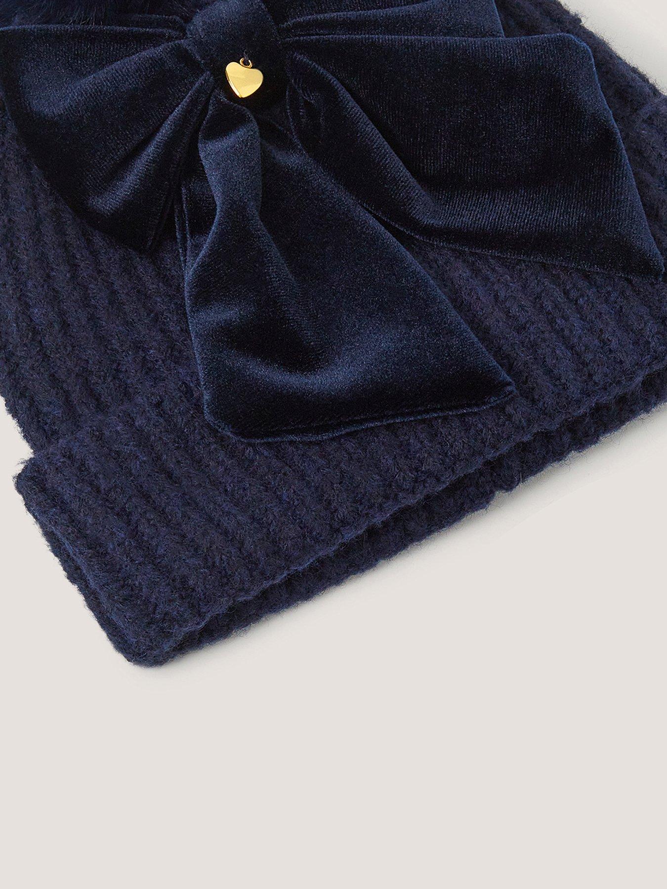 Image 3 of 3 of Monsoon Girls Velvet Bow Beanie Hat - Navy