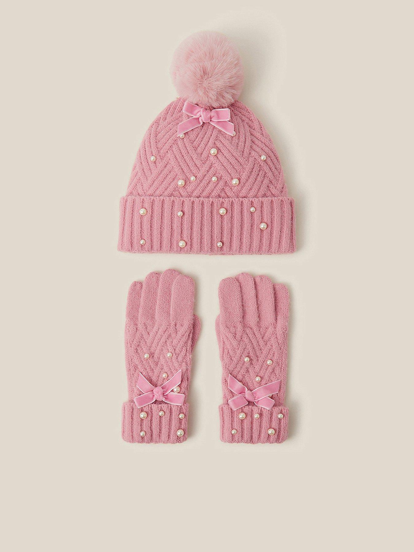 Monsoon Girls Pearl Cable Hat  &  Gloves - Pink