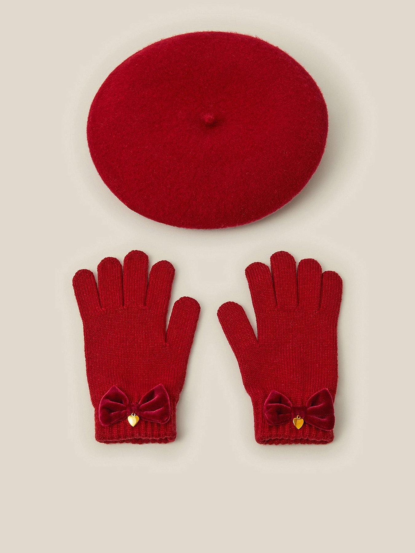 Monsoon Girls Red Velvet Bow Beret  &  Gloves - Red