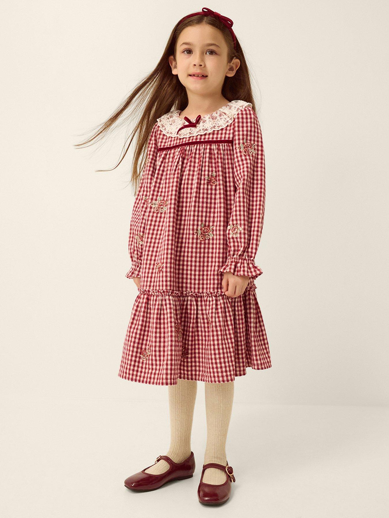 Image 1 of 4 of Monsoon Girls Check Embroidered Frill Collar Dress - Dark Red