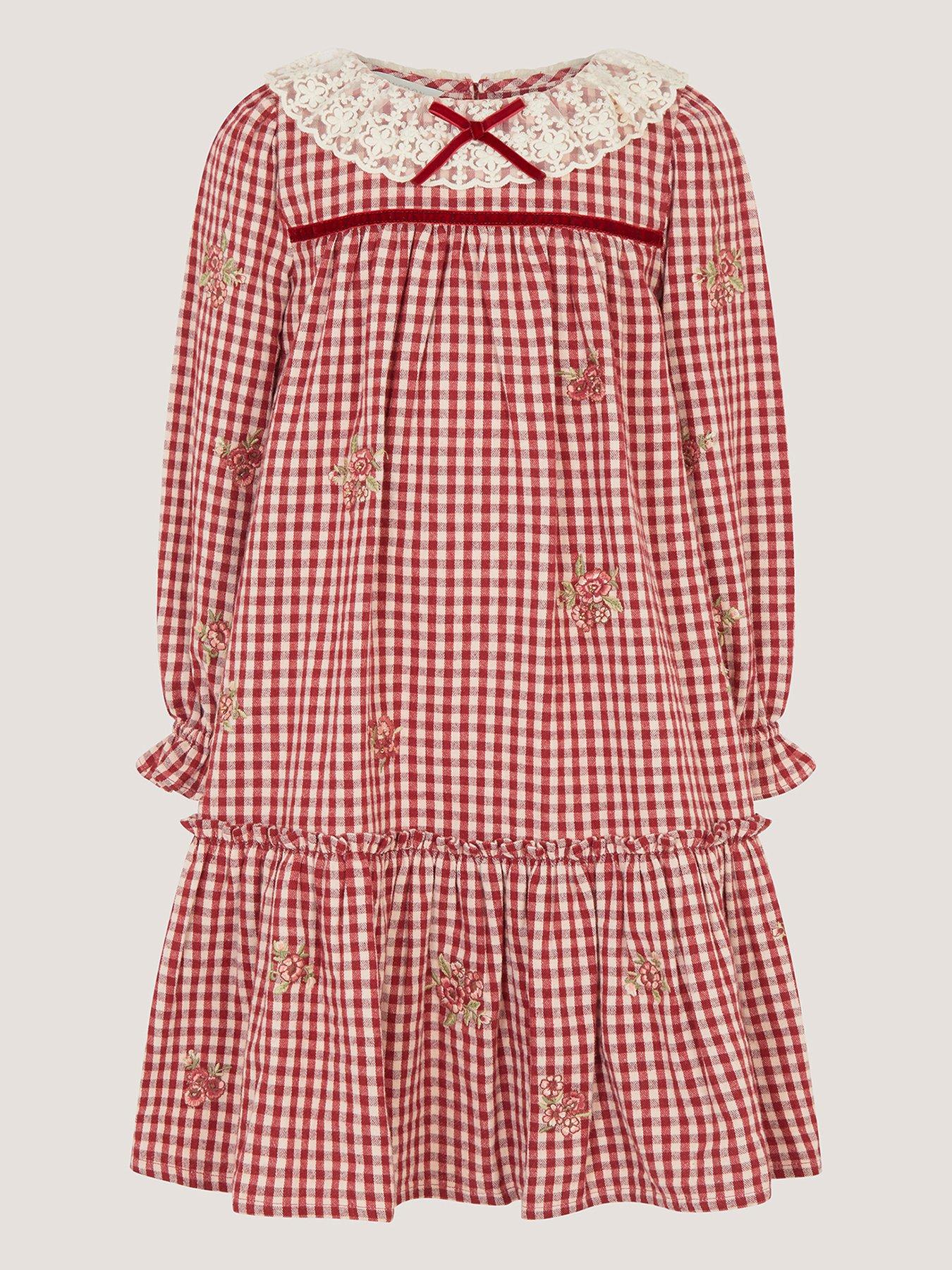 Image 2 of 4 of Monsoon Girls Check Embroidered Frill Collar Dress - Dark Red