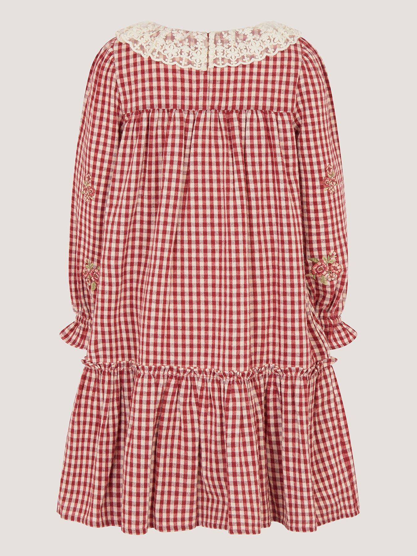 Image 3 of 4 of Monsoon Girls Check Embroidered Frill Collar Dress - Dark Red