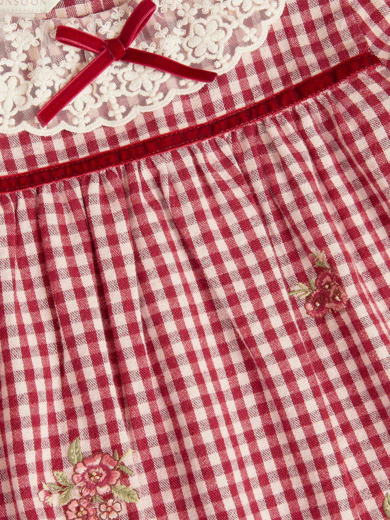 Image 4 of 4 of Monsoon Girls Check Embroidered Frill Collar Dress - Dark Red