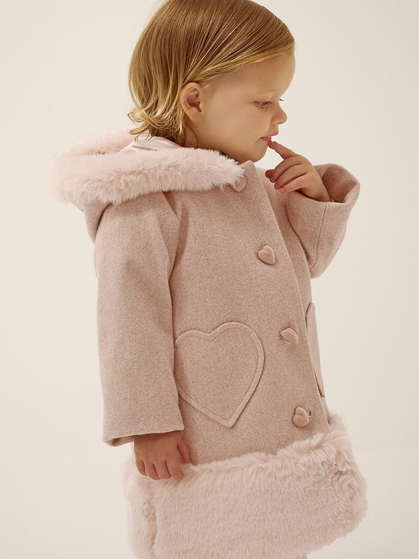 Monsoon Baby Girls Smart Faux Fur Trim Hooded Coat - Beige