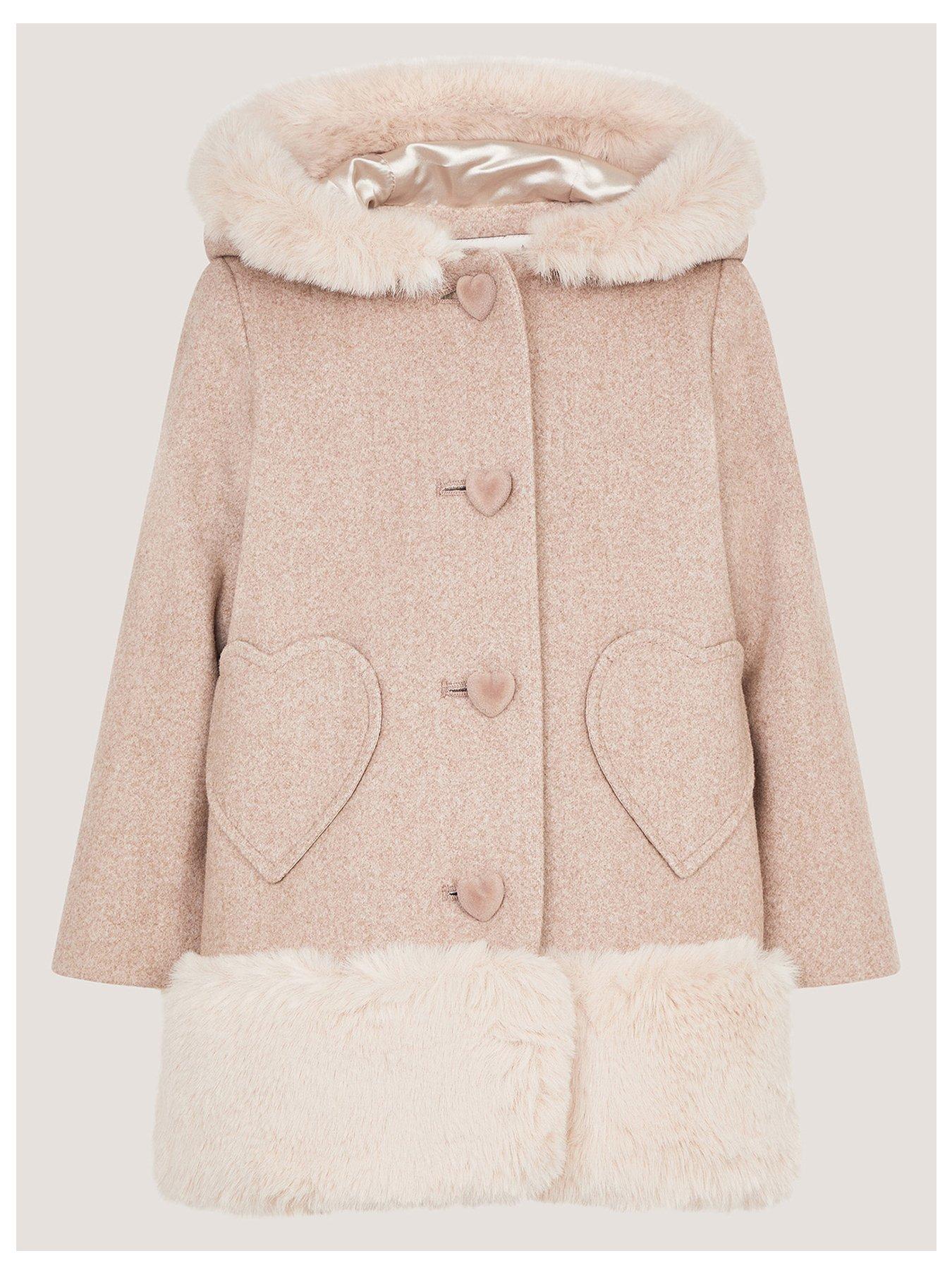 Image 2 of 4 of Monsoon Girls Faux Fur Trim Hooded Heart Button Coat - Beige