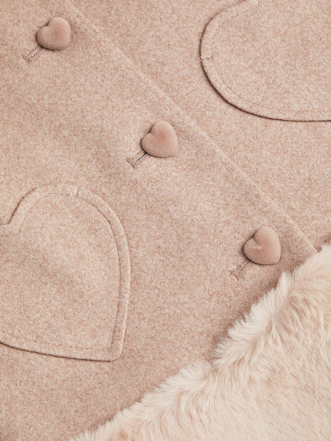 Image 4 of 4 of Monsoon Girls Faux Fur Trim Hooded Heart Button Coat - Beige
