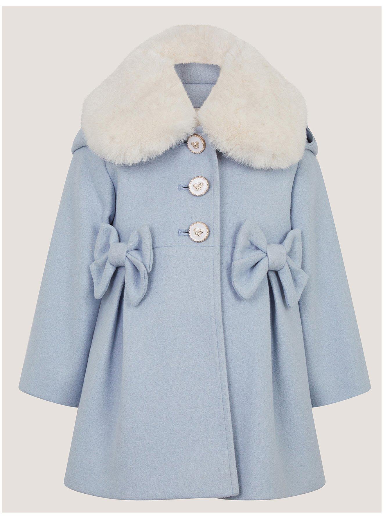 Image 2 of 4 of Monsoon Girls Faux-Fur Collar Bow Trim Coat - Blue