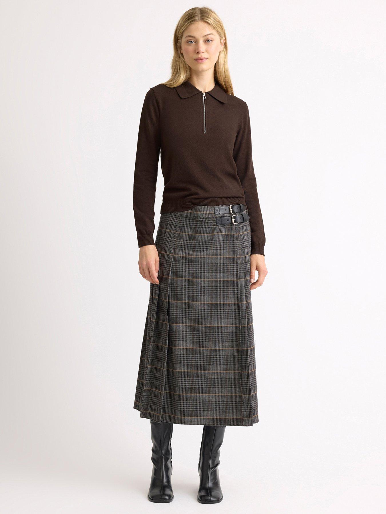 Image 1 of 4 of Albaray Women's Plaid Midi Kilt Skirt - Grey