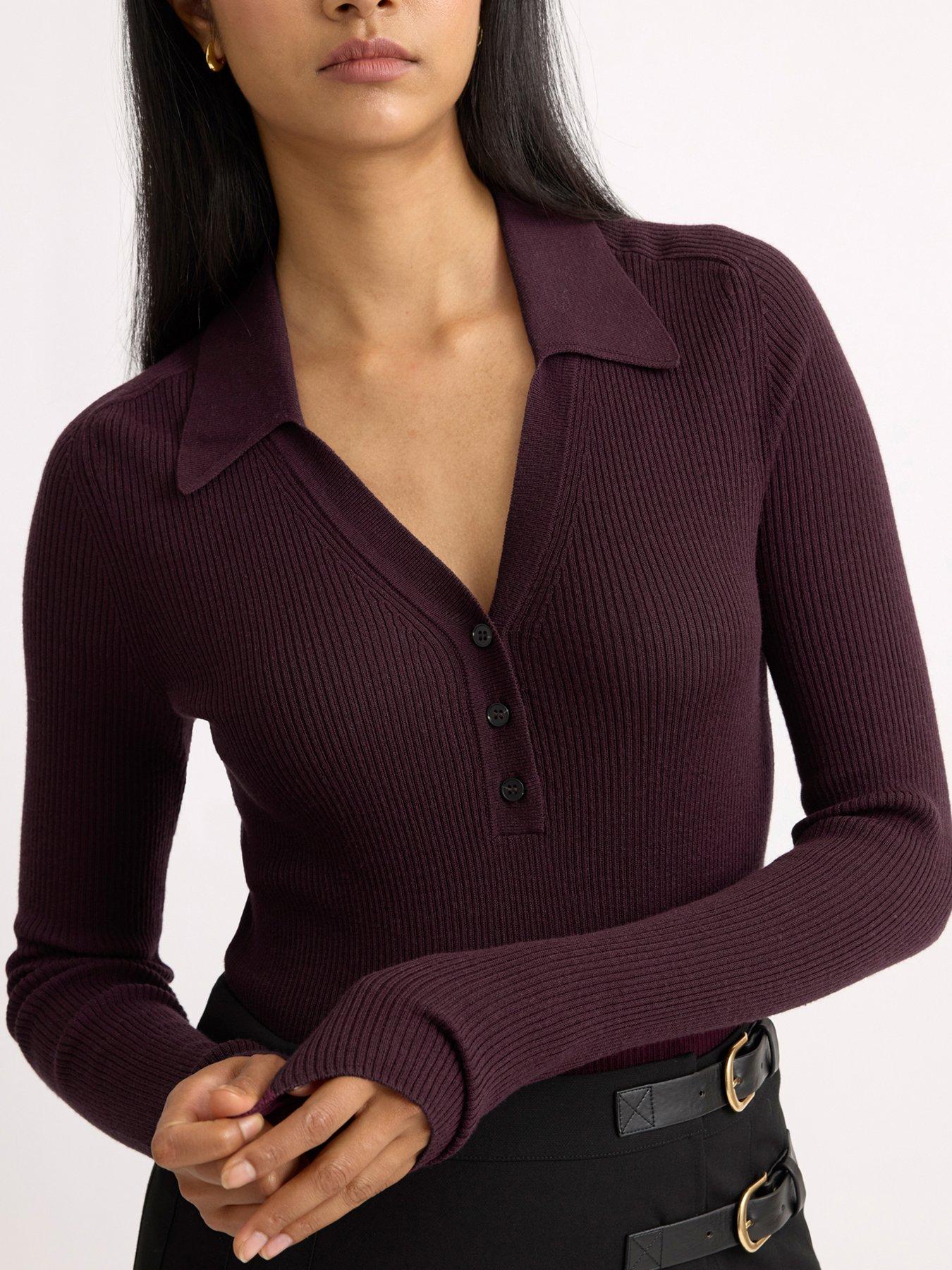 Image 3 of 5 of Albaray Ribbed V Neck Long Sleeve Top - Burgundy