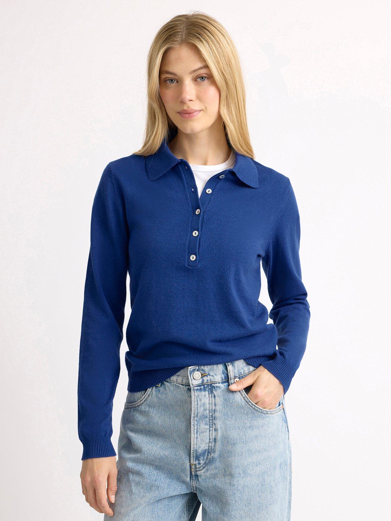 Image 1 of 4 of Albaray Fine Knit Long Sleeve Polo Shirt - Blue