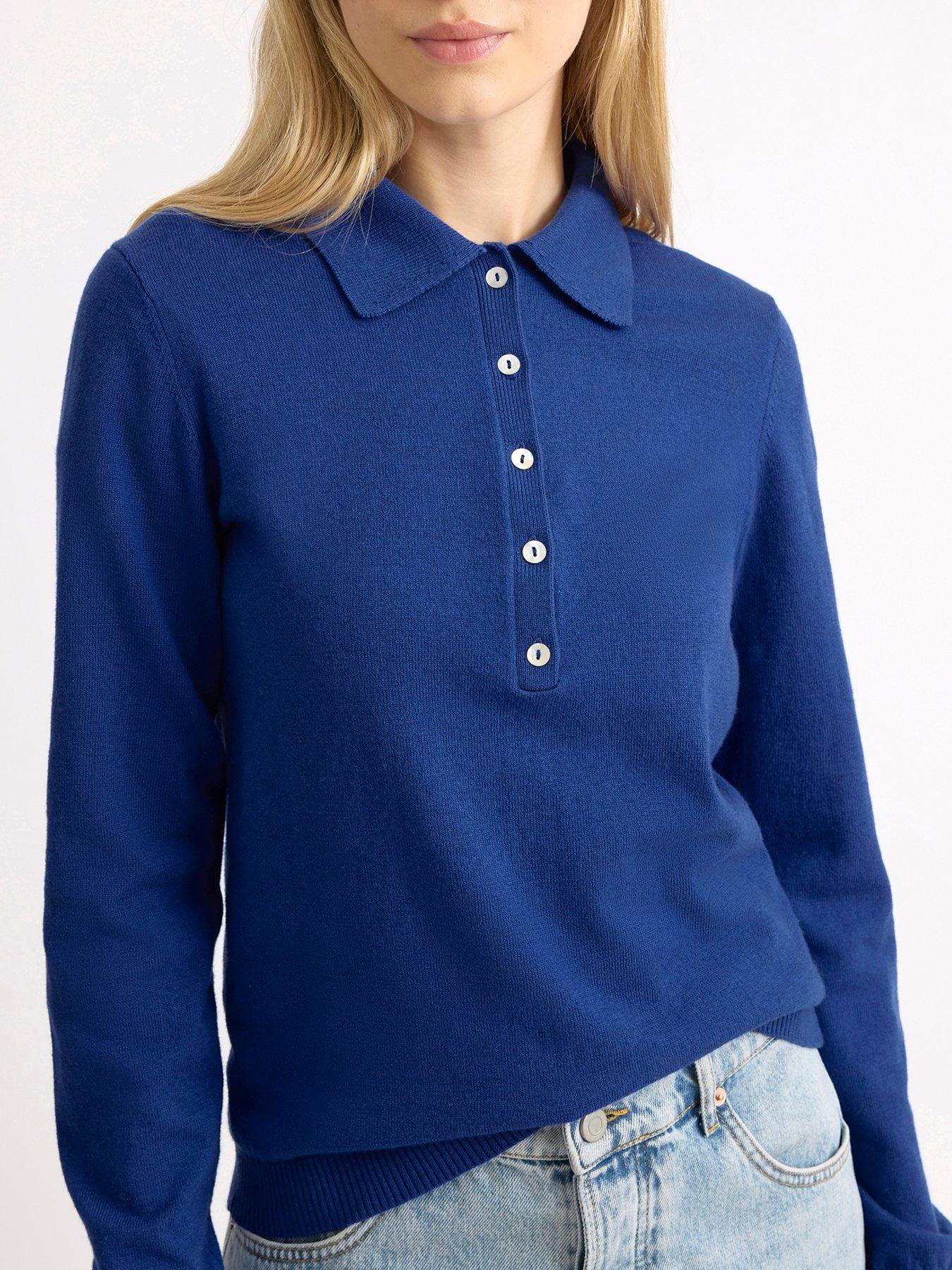 Image 3 of 4 of Albaray Fine Knit Long Sleeve Polo Shirt - Blue