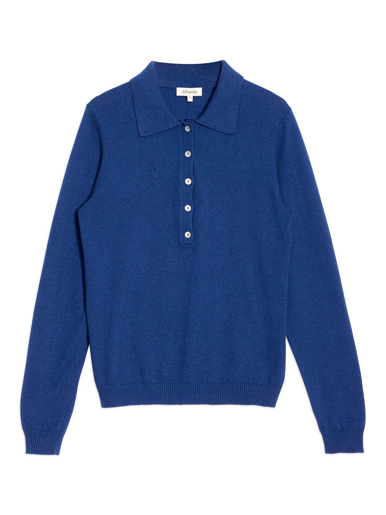 Image 4 of 4 of Albaray Fine Knit Long Sleeve Polo Shirt - Blue