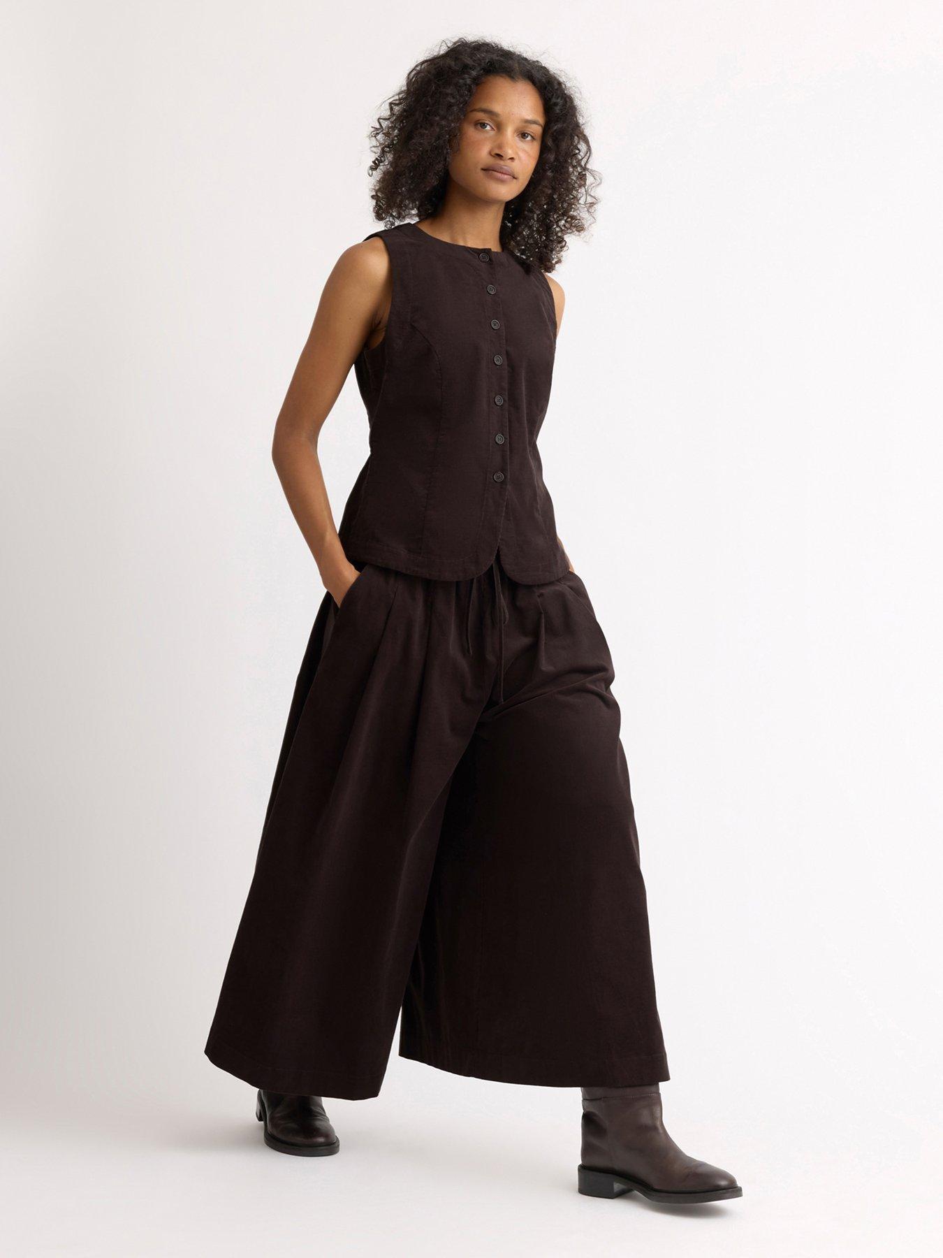 Image 4 of 4 of Albaray Womens Corduroy Drawstring Wide Leg Culottes - Brown