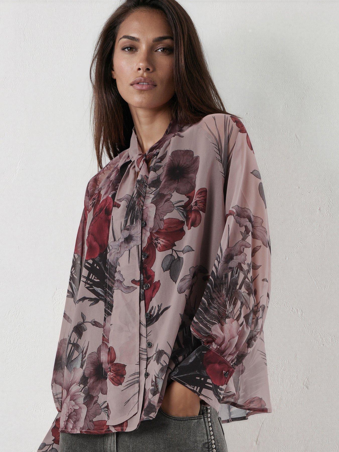 Religion Liv High Neck Button-Thru Blouse With Tie Sash In Floral Camellia Print - Pink