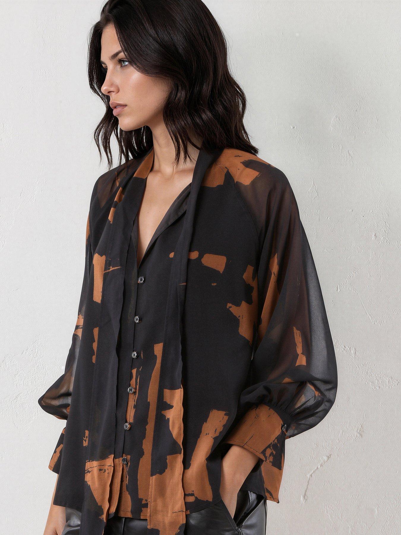 Image 1 of 7 of Religion Liv High Neck Button-Thru Blouse With Tie Sash In Abstract Facade Print - Brown