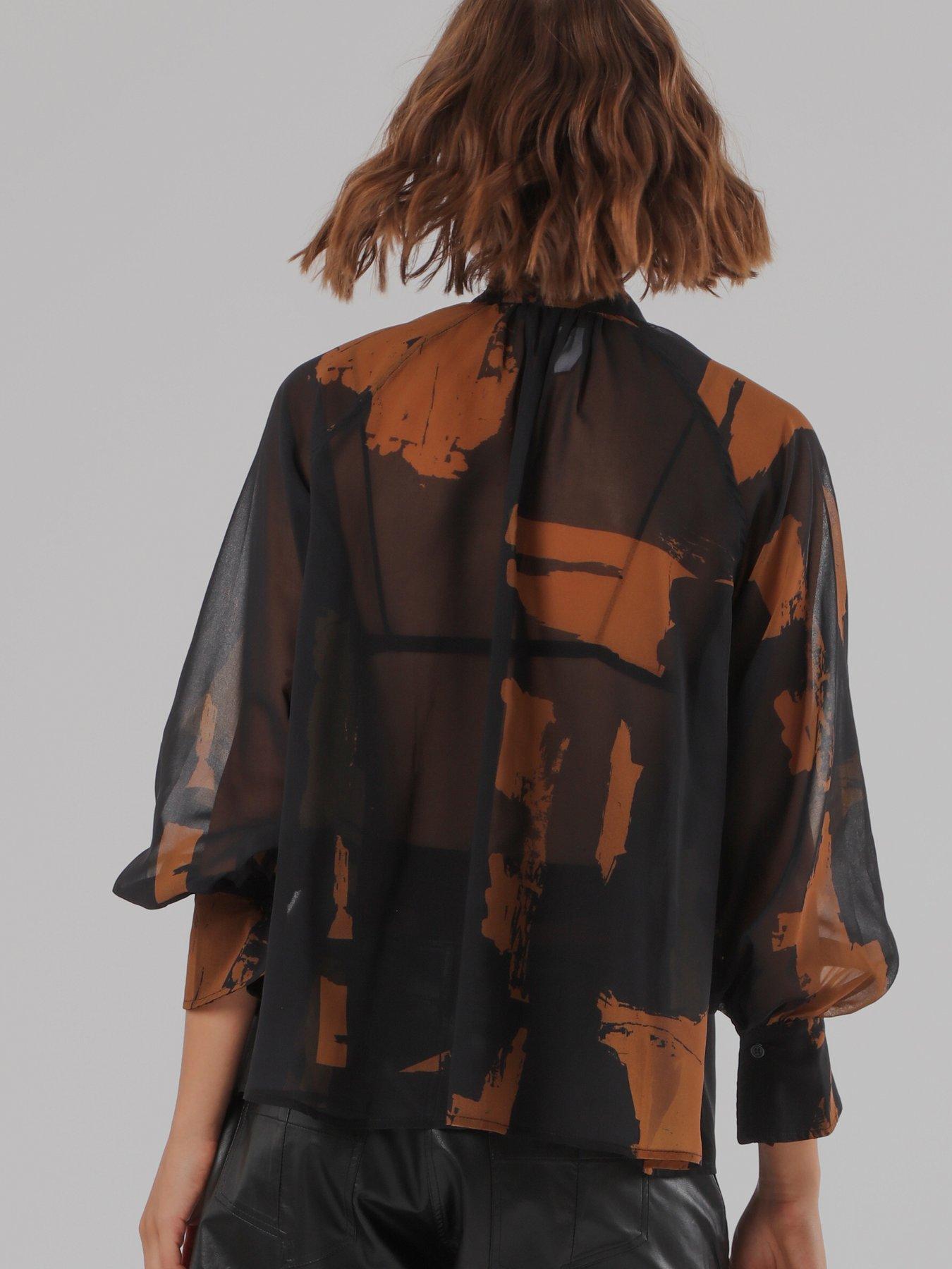 Image 5 of 7 of Religion Liv High Neck Button-Thru Blouse With Tie Sash In Abstract Facade Print - Brown