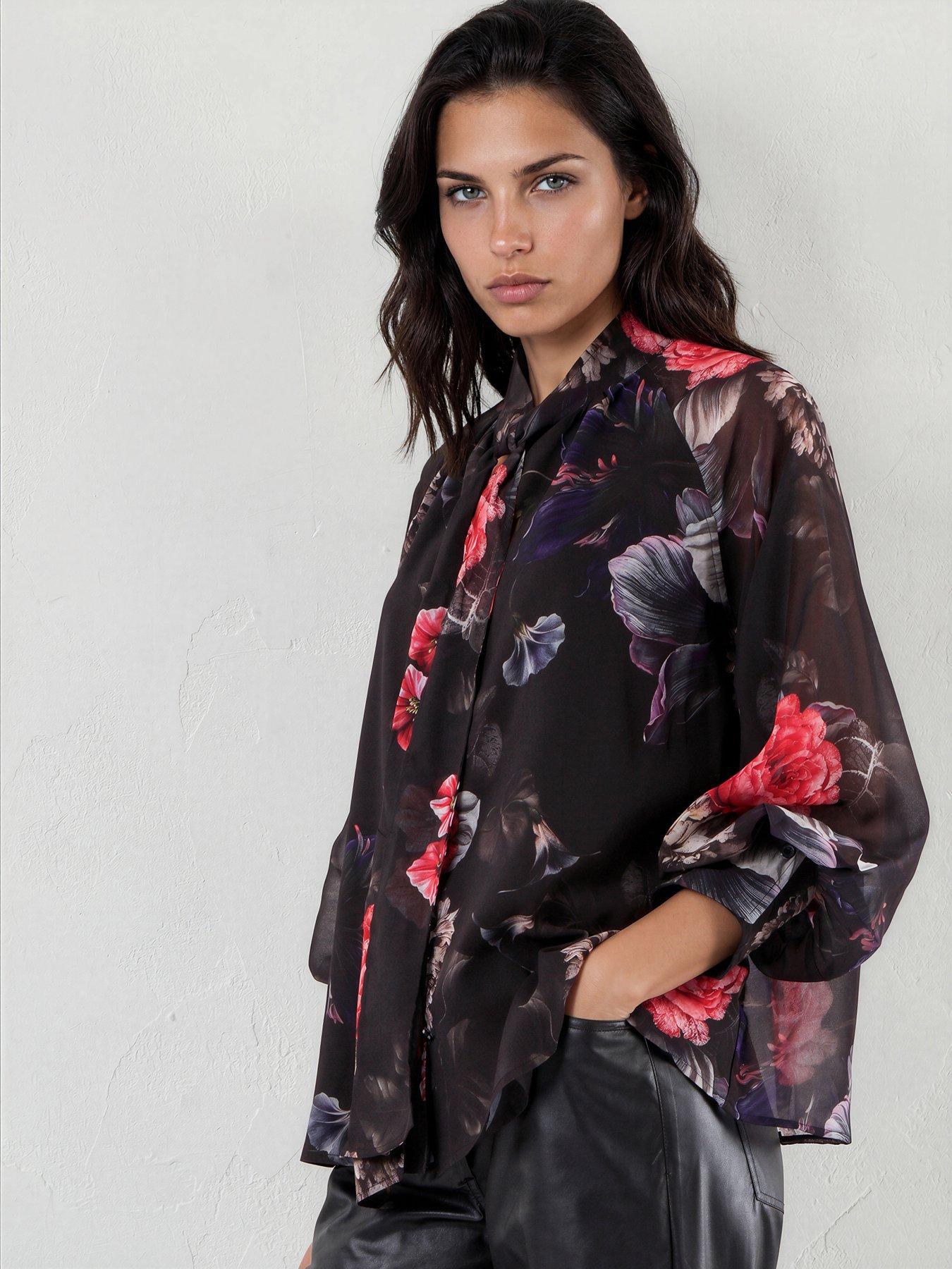 Religion Liv High Neck Button-thru Blouse With Tie Sash In Floral Red And Blue Print