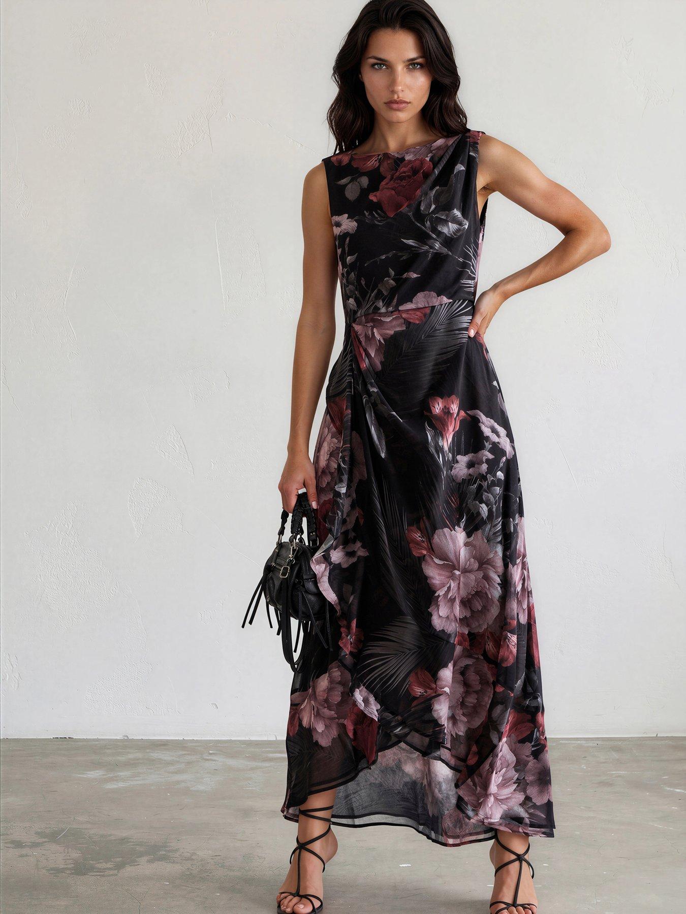 Religion Sleevless Seren Maxi Dress With Draped Ruffled Full Skirt In Floral Camellia Print - Black