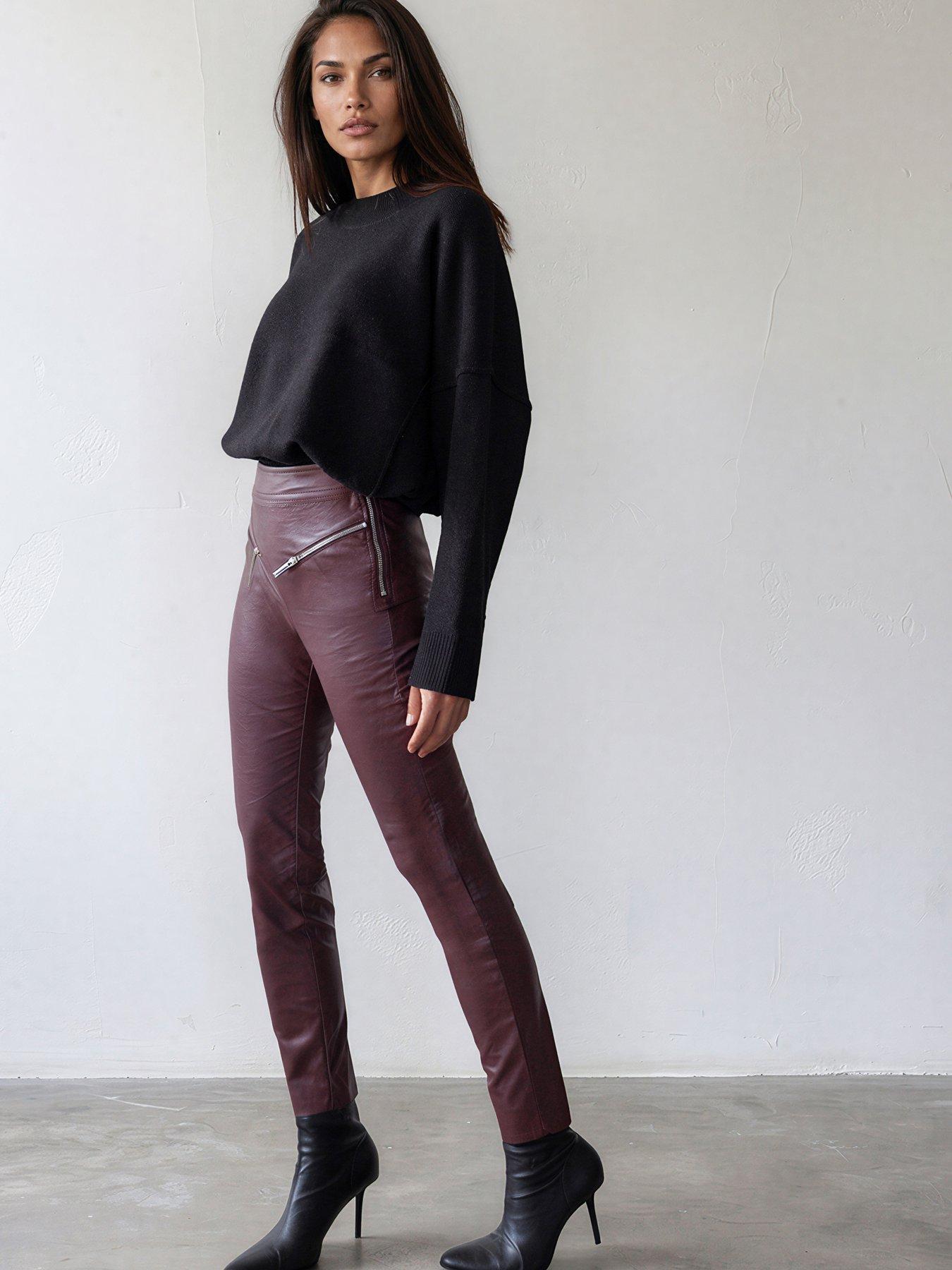 Image 3 of 7 of Religion Religion Womens Ida Faux Leather Zip Detail Skinny Trousers - Red