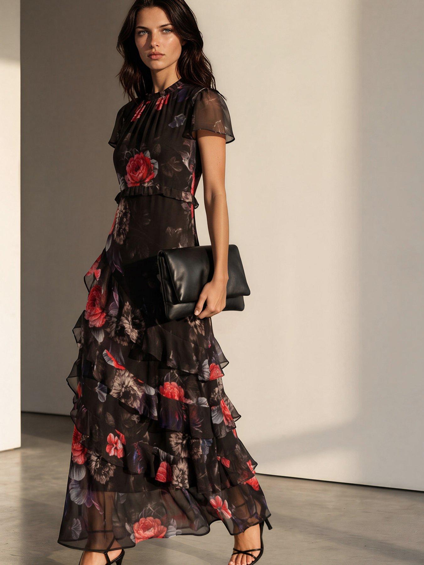 Religion Sian Maxi Dress With Delicate Ruffles And Cap Sleeves In Floral Red Print