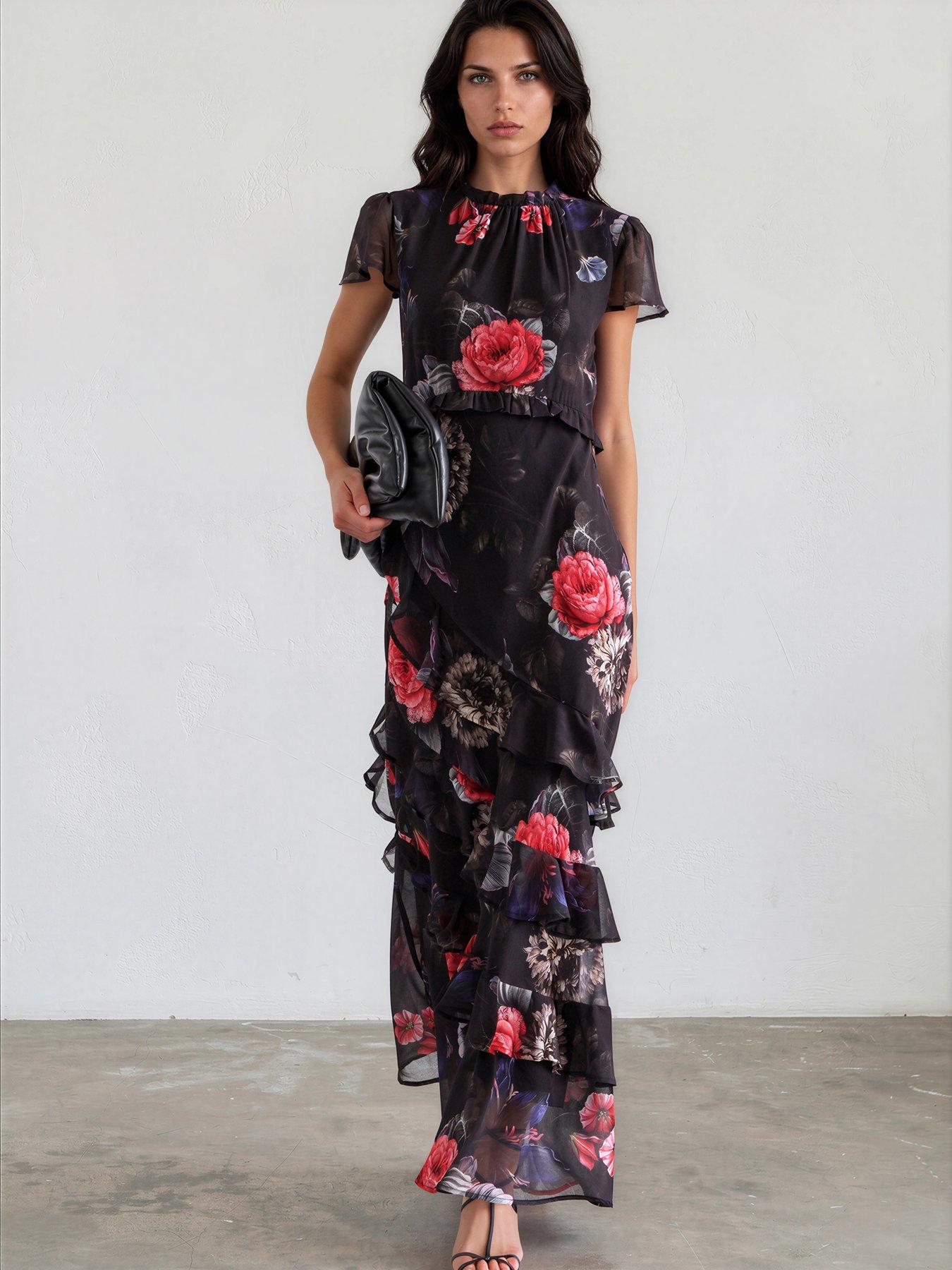 Image 2 of 7 of Religion Sian Maxi Dress With Delicate Ruffles And Cap Sleeves In Floral Red Print