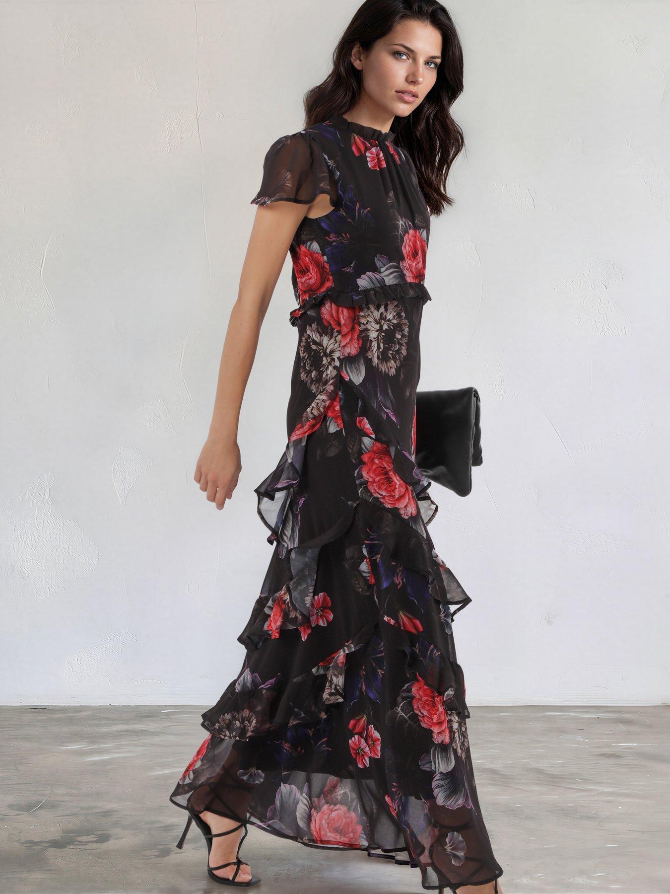 Image 3 of 7 of Religion Sian Maxi Dress With Delicate Ruffles And Cap Sleeves In Floral Red Print