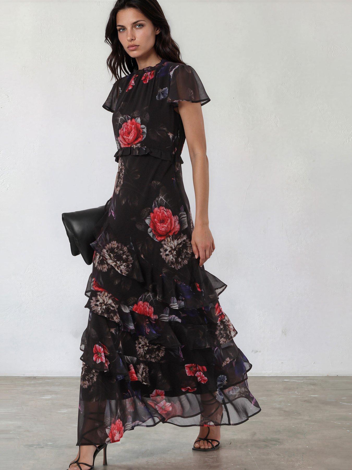 Image 4 of 7 of Religion Sian Maxi Dress With Delicate Ruffles And Cap Sleeves In Floral Red Print