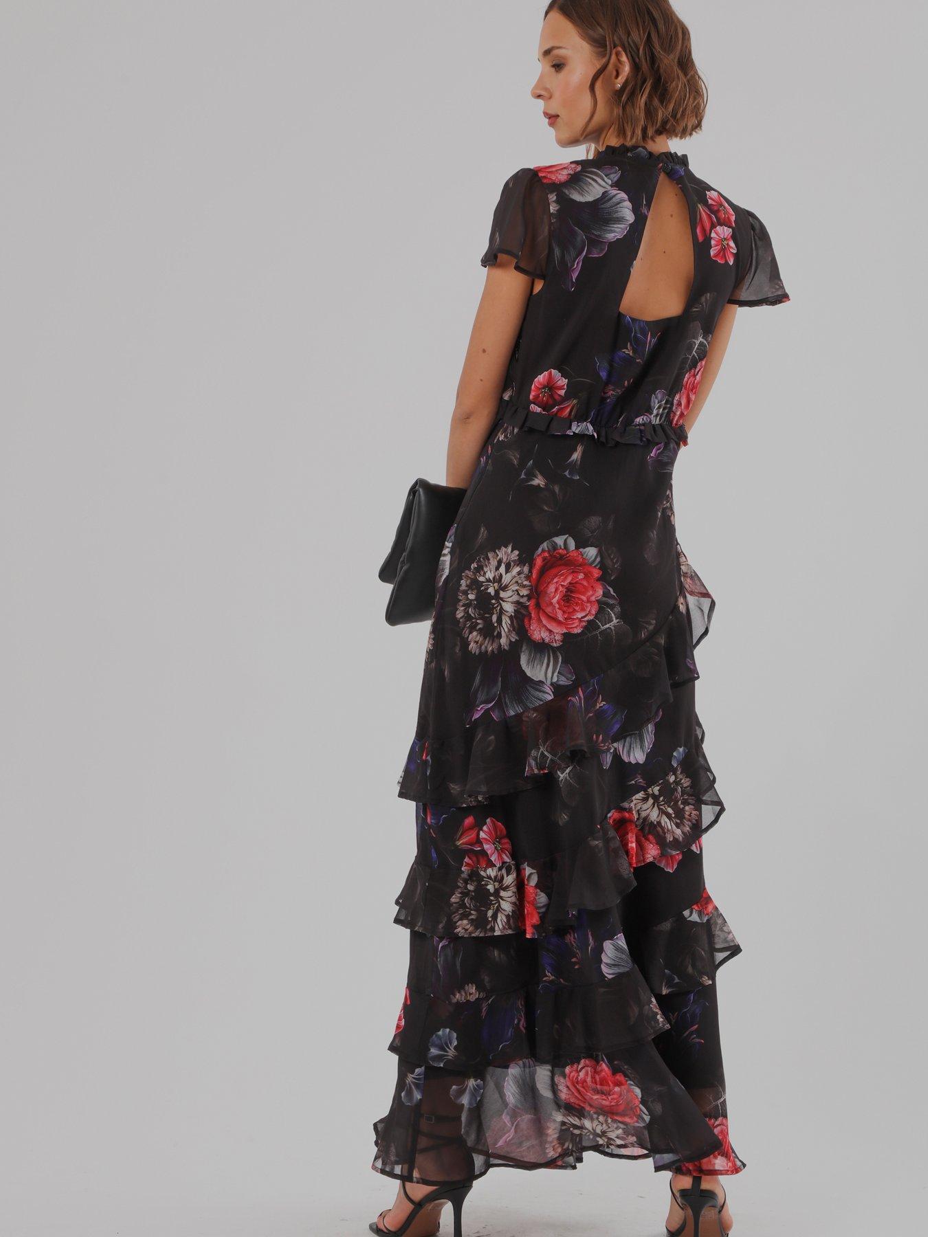 Image 6 of 7 of Religion Sian Maxi Dress With Delicate Ruffles And Cap Sleeves In Floral Red Print