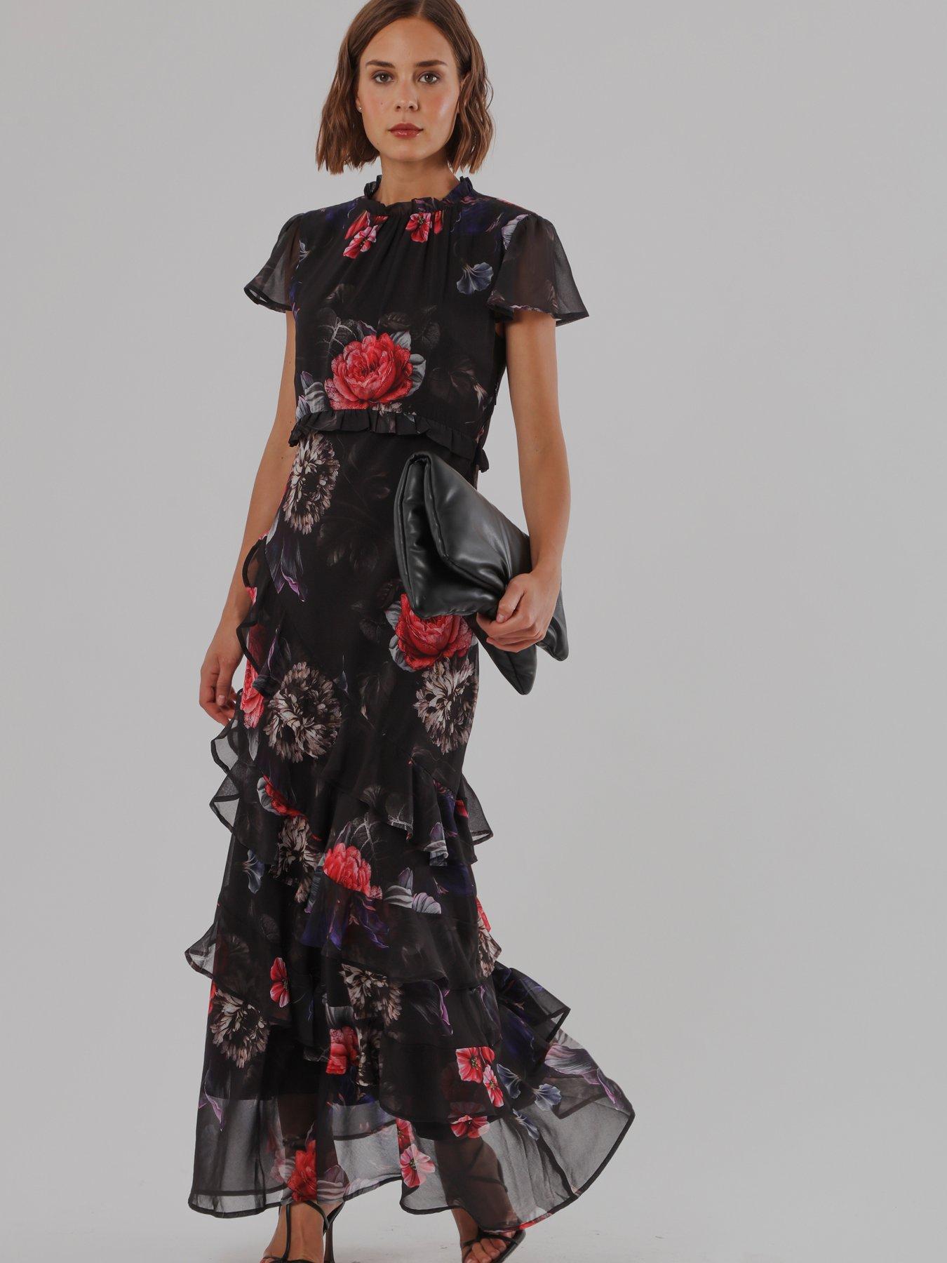 Image 7 of 7 of Religion Sian Maxi Dress With Delicate Ruffles And Cap Sleeves In Floral Red Print