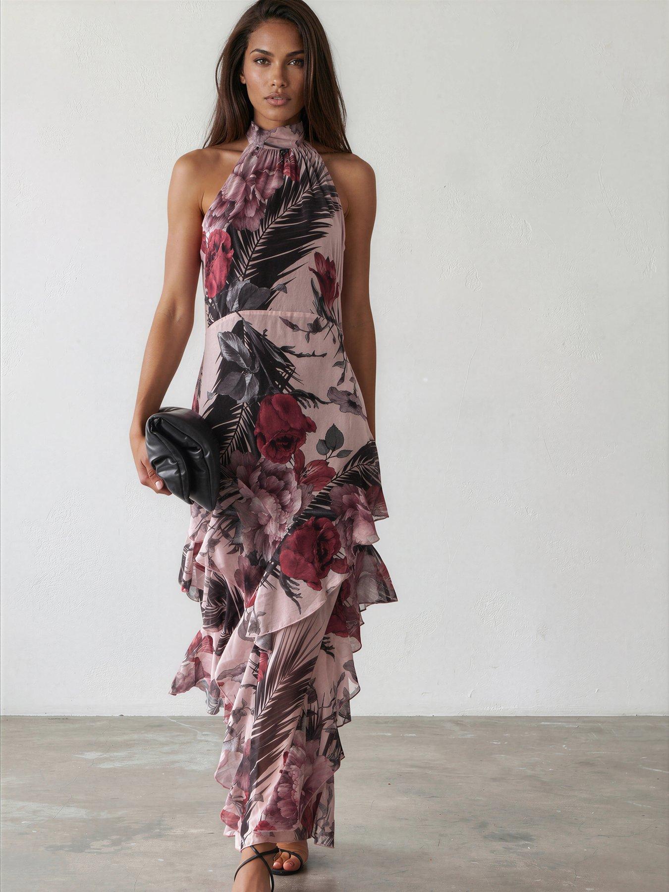 Image 1 of 7 of Religion Taylor Halterneck Maxi Dress In Floral Camellia Print - Soft Pink