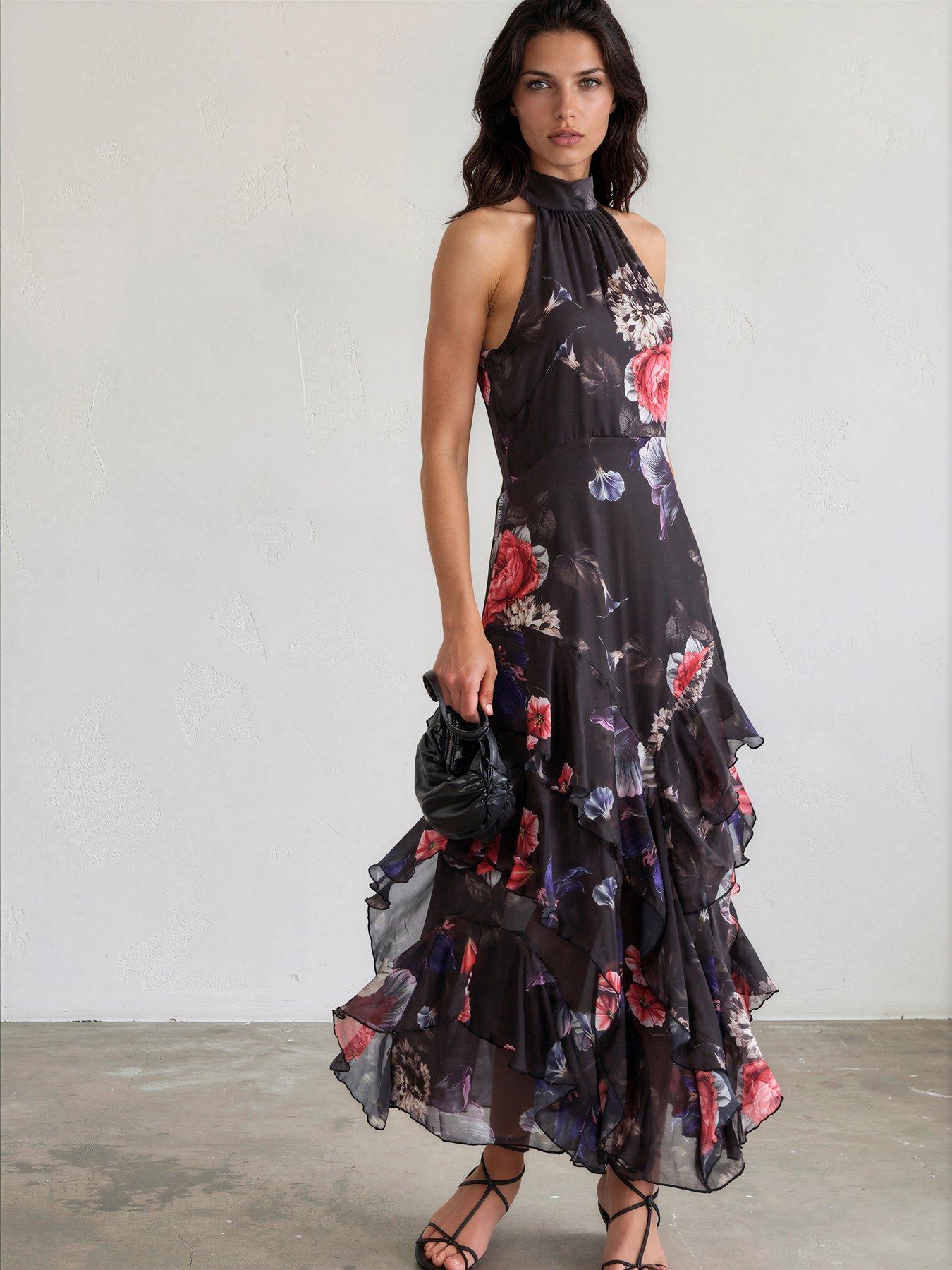 Religion Taylor Halterneck Maxi Dress In Floral Red And Blue Print - Black