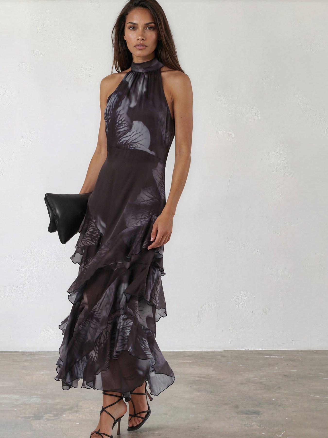 Religion Taylor Halterneck Maxi Dress In Floral Grey And Print - Blue