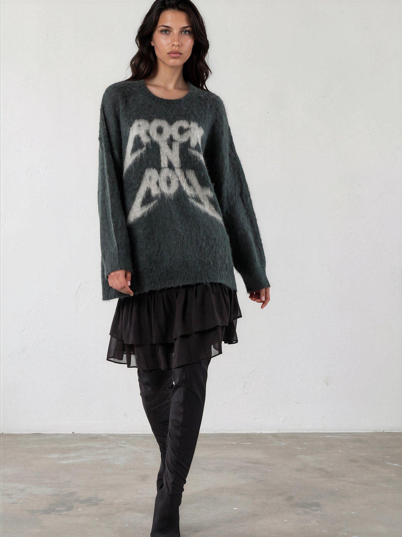 Religion Oversized Cecile Slogan Jumper In Brushed Yarn With Rock N Roll In Deep Green