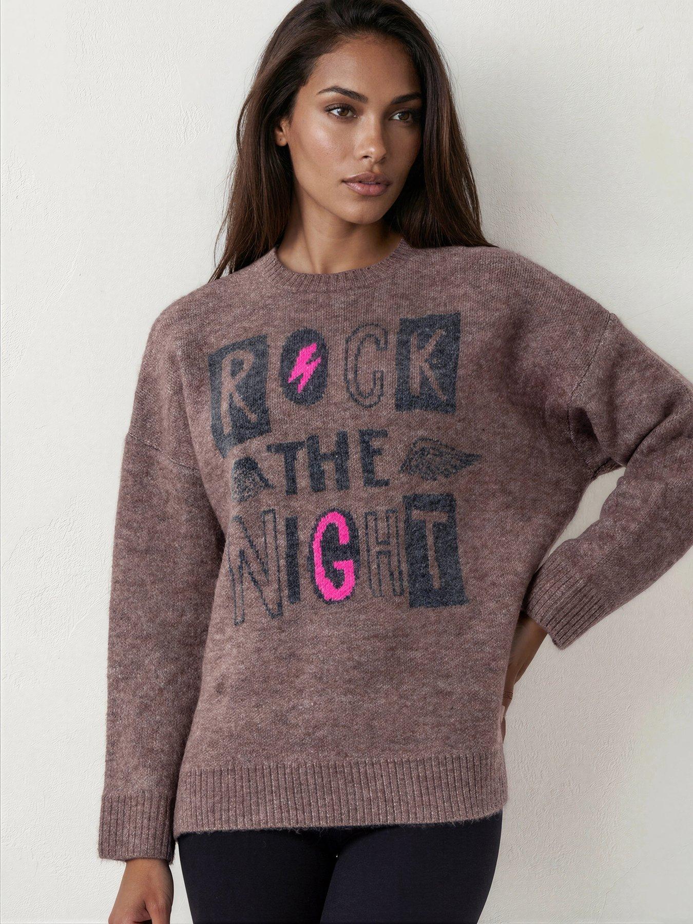 Image 1 of 7 of Religion Rock The Night Slogan Design Jacquard Jumper - Taupe