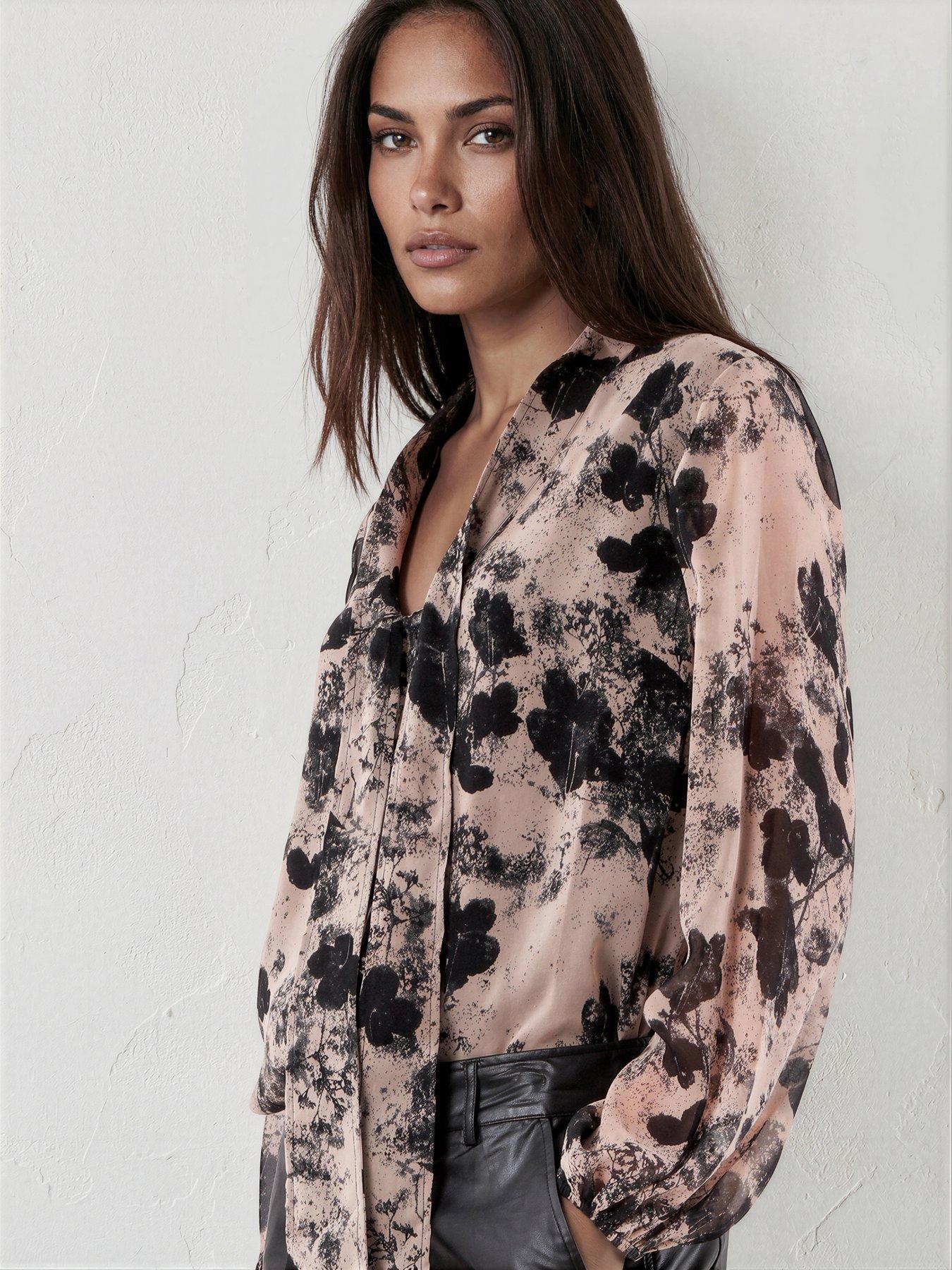 Image 1 of 7 of Religion Alfa V Neck Blouse In Floral Bewilder Print With Tie Sash - Beige