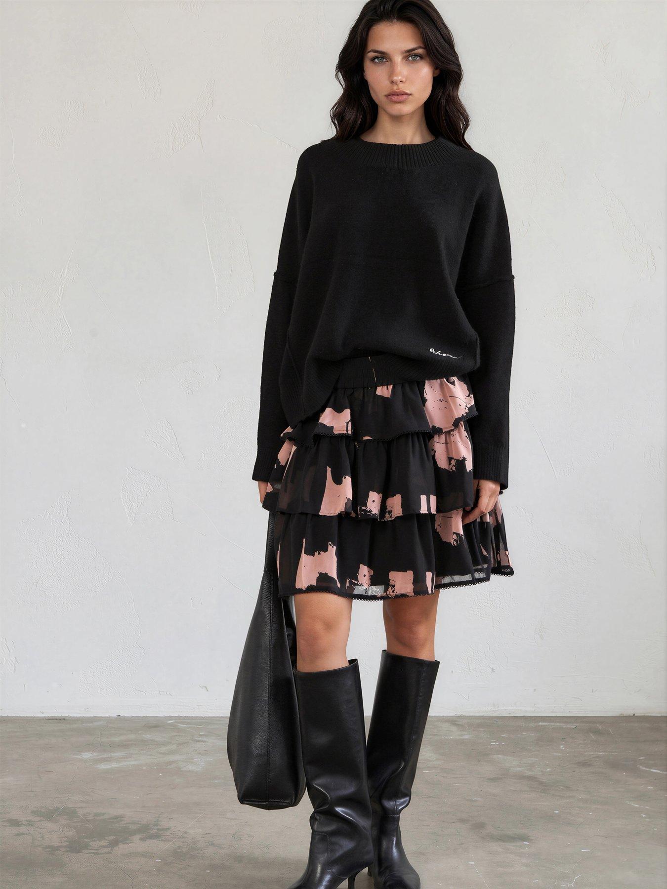 Religion Corinne Tiered Mini Skirt In Abstract Facade Print With Lace Trim - Black