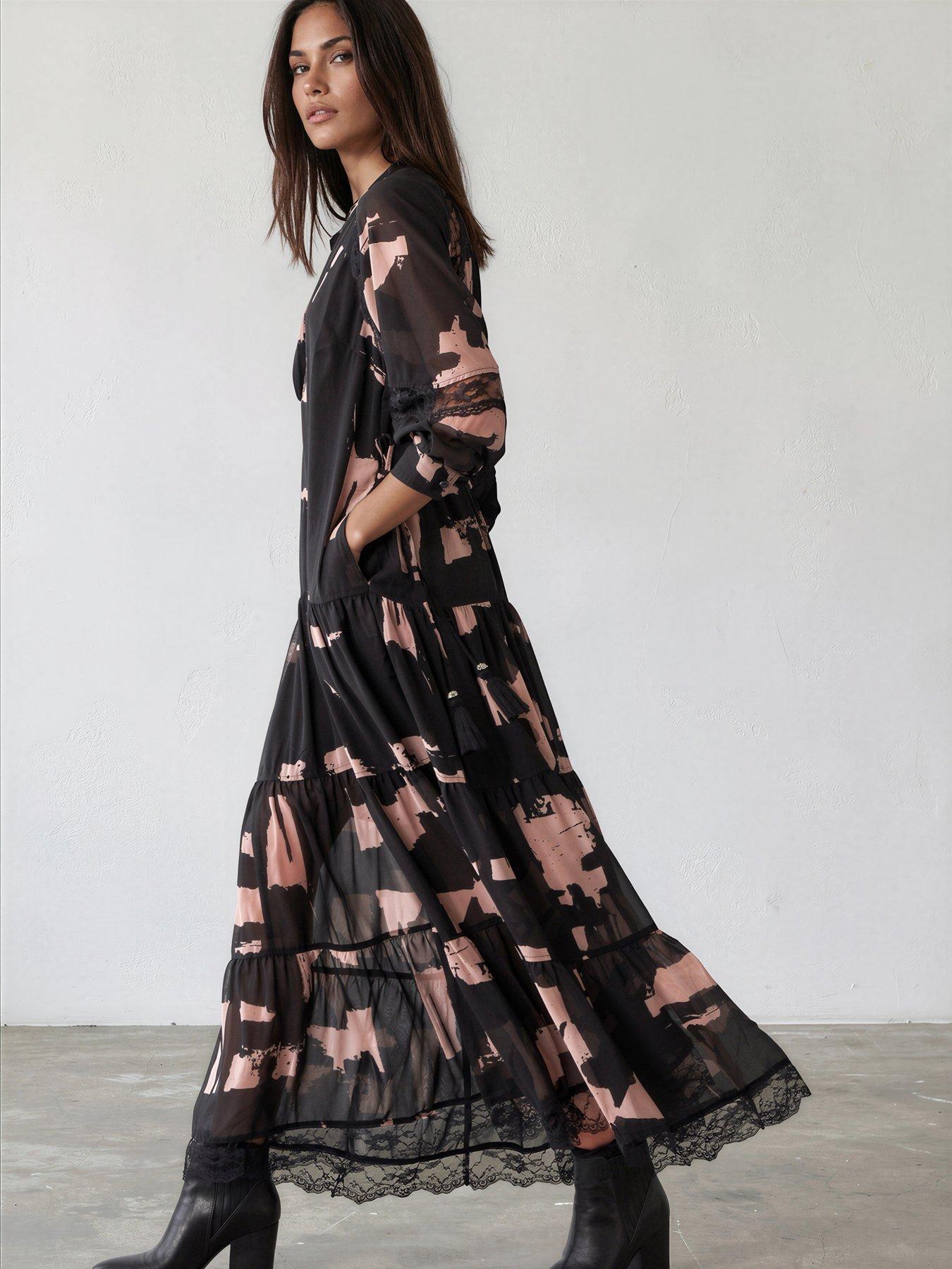 Religion Eva Tiered Maxi Dress With Lace Insert And Tie Waist In Abstract Façade Print - Black