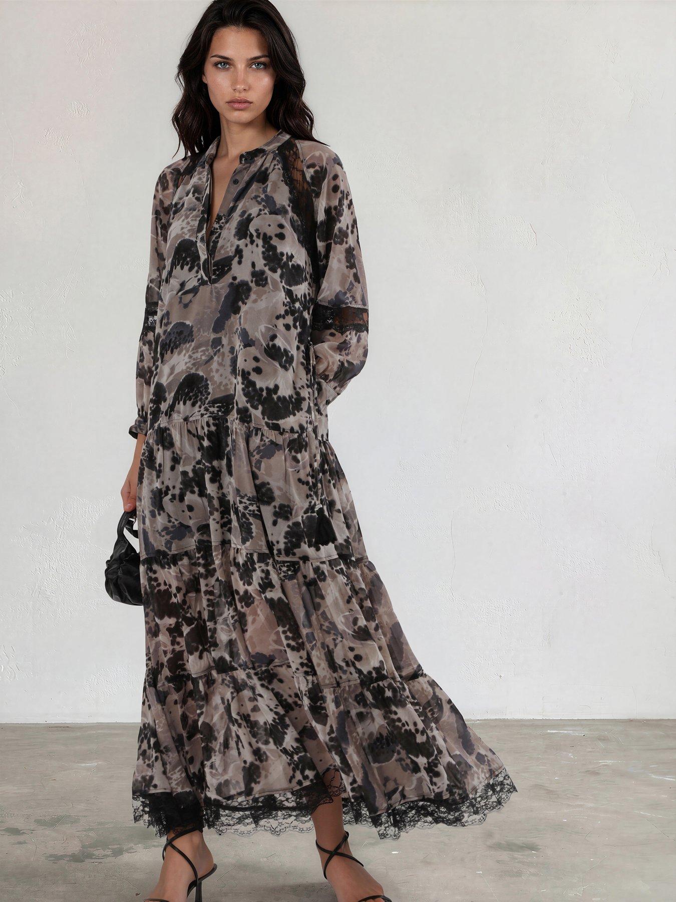 Image 1 of 7 of Religion Eva Tiered Maxi Dress With Lace Insert And Tie Waist In Floral Orchid Print