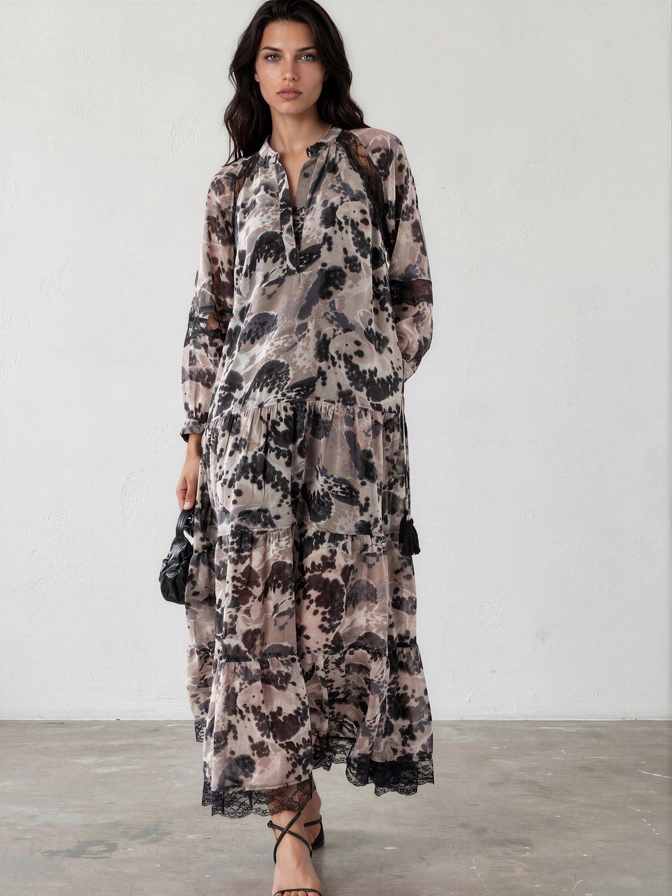 Image 2 of 7 of Religion Eva Tiered Maxi Dress With Lace Insert And Tie Waist In Floral Orchid Print
