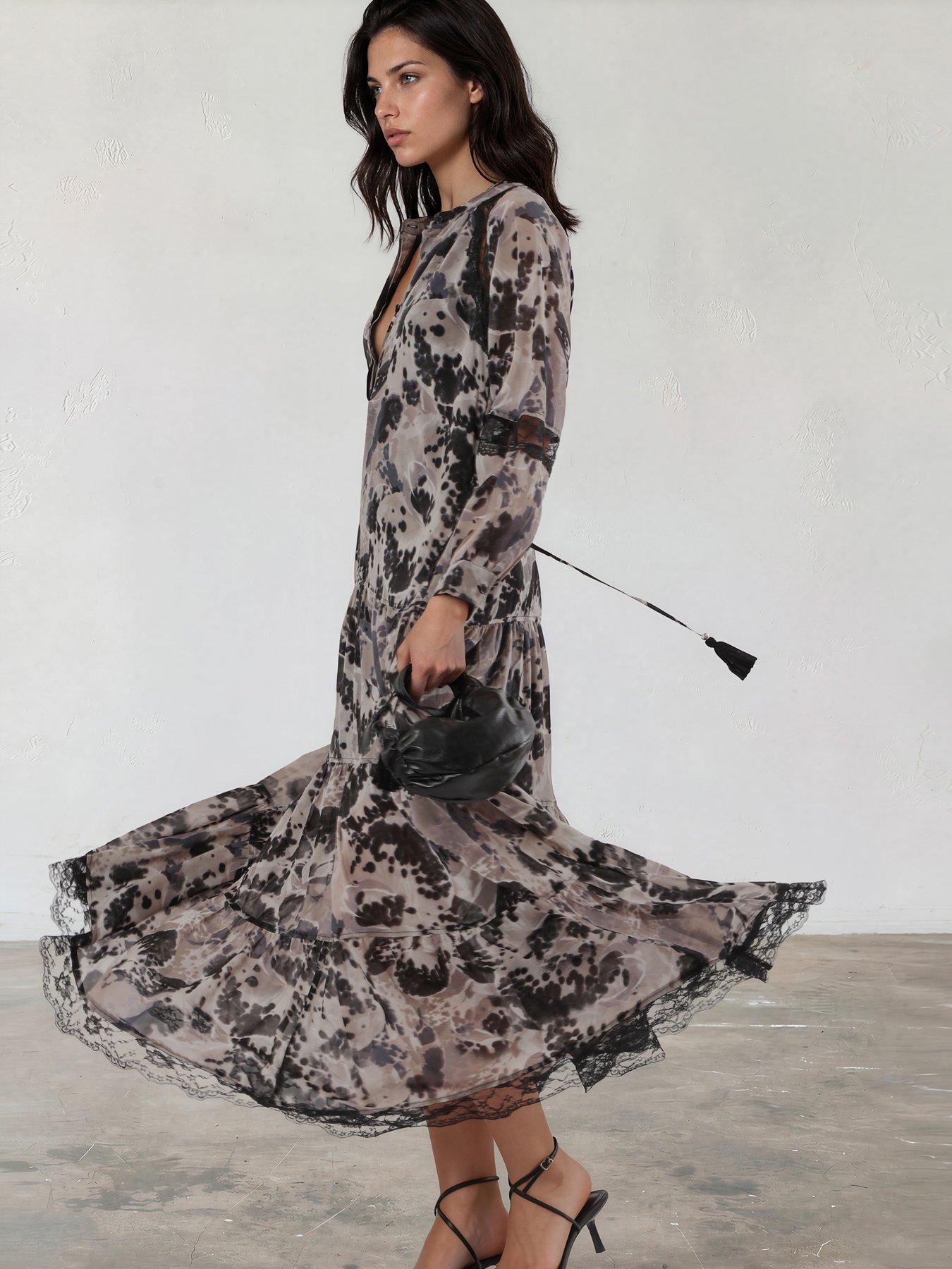 Image 3 of 7 of Religion Eva Tiered Maxi Dress With Lace Insert And Tie Waist In Floral Orchid Print