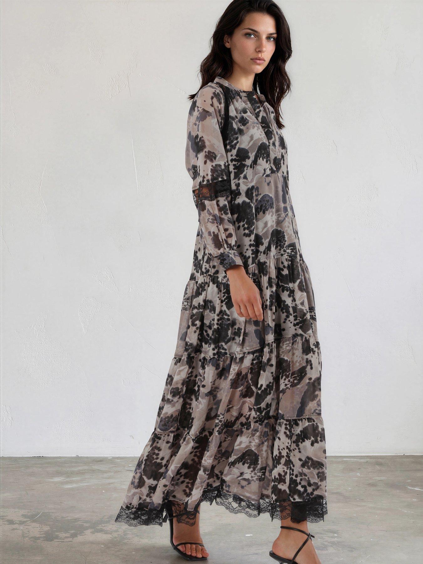Image 4 of 7 of Religion Eva Tiered Maxi Dress With Lace Insert And Tie Waist In Floral Orchid Print