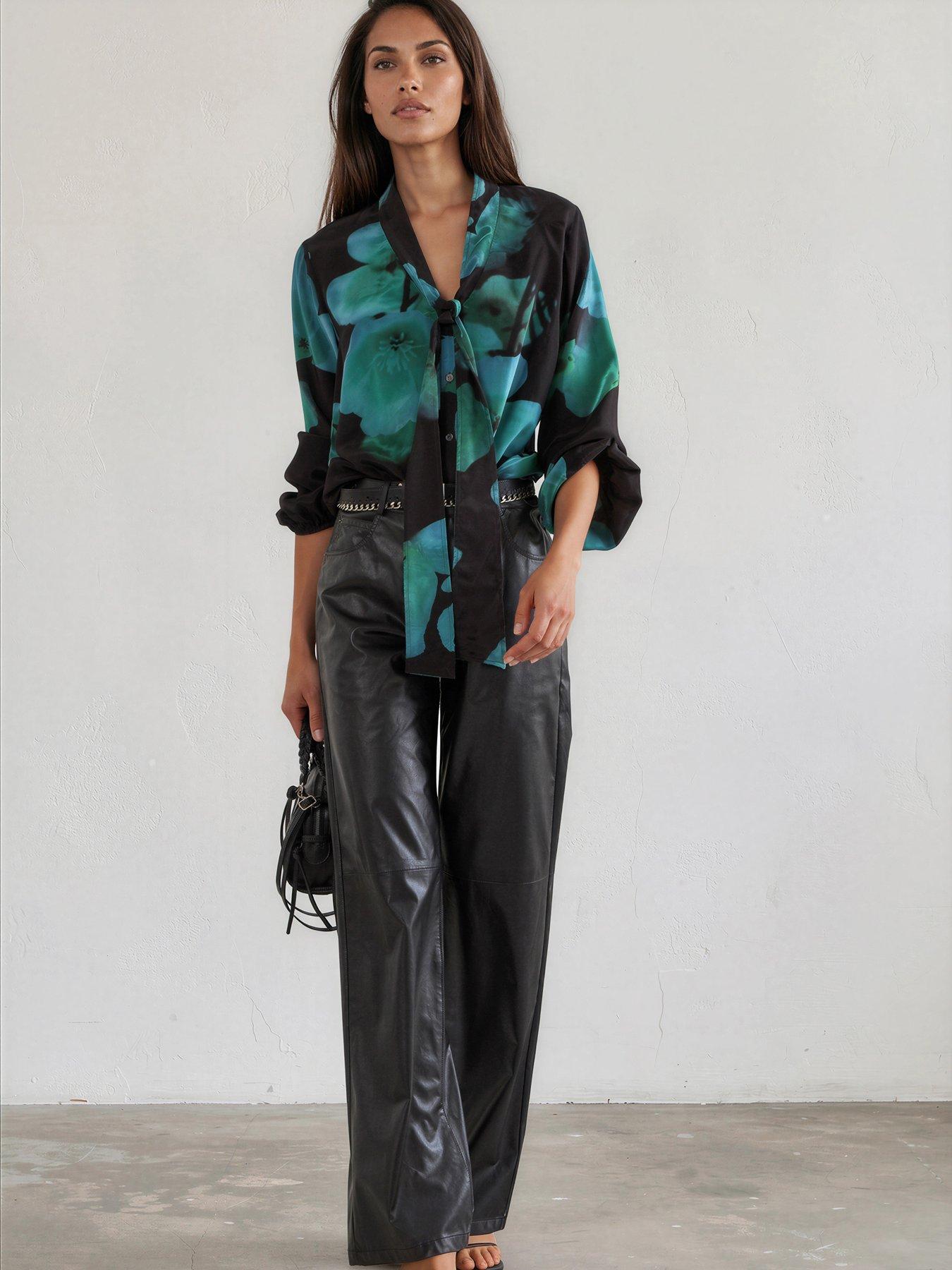 Image 2 of 7 of Religion Evie Blouse In Large Blue And Floral Fire Print With Sash Tie - Green